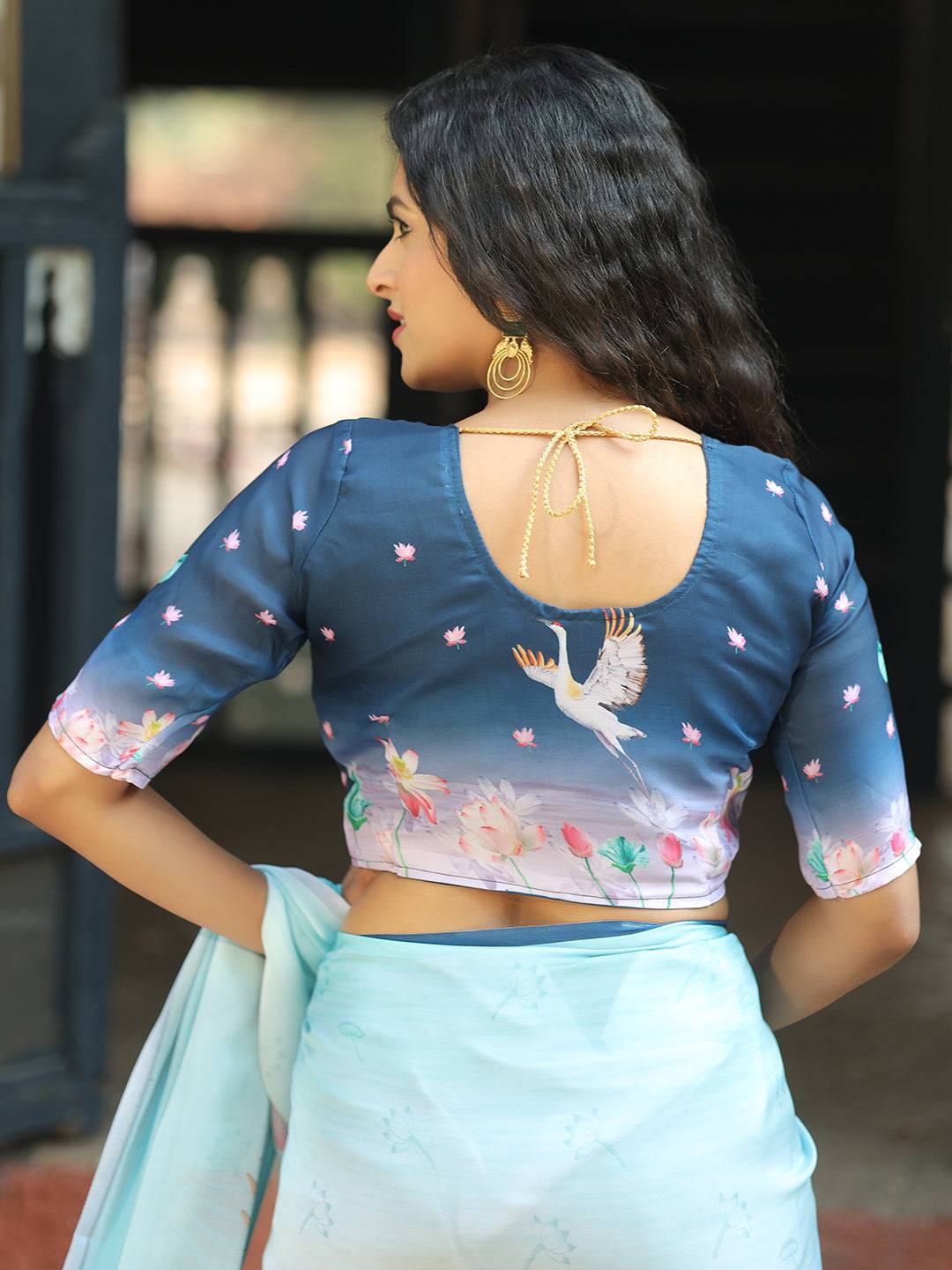Satin Georgette Aqua Colour Hand Print Saree - Luxe by My Store