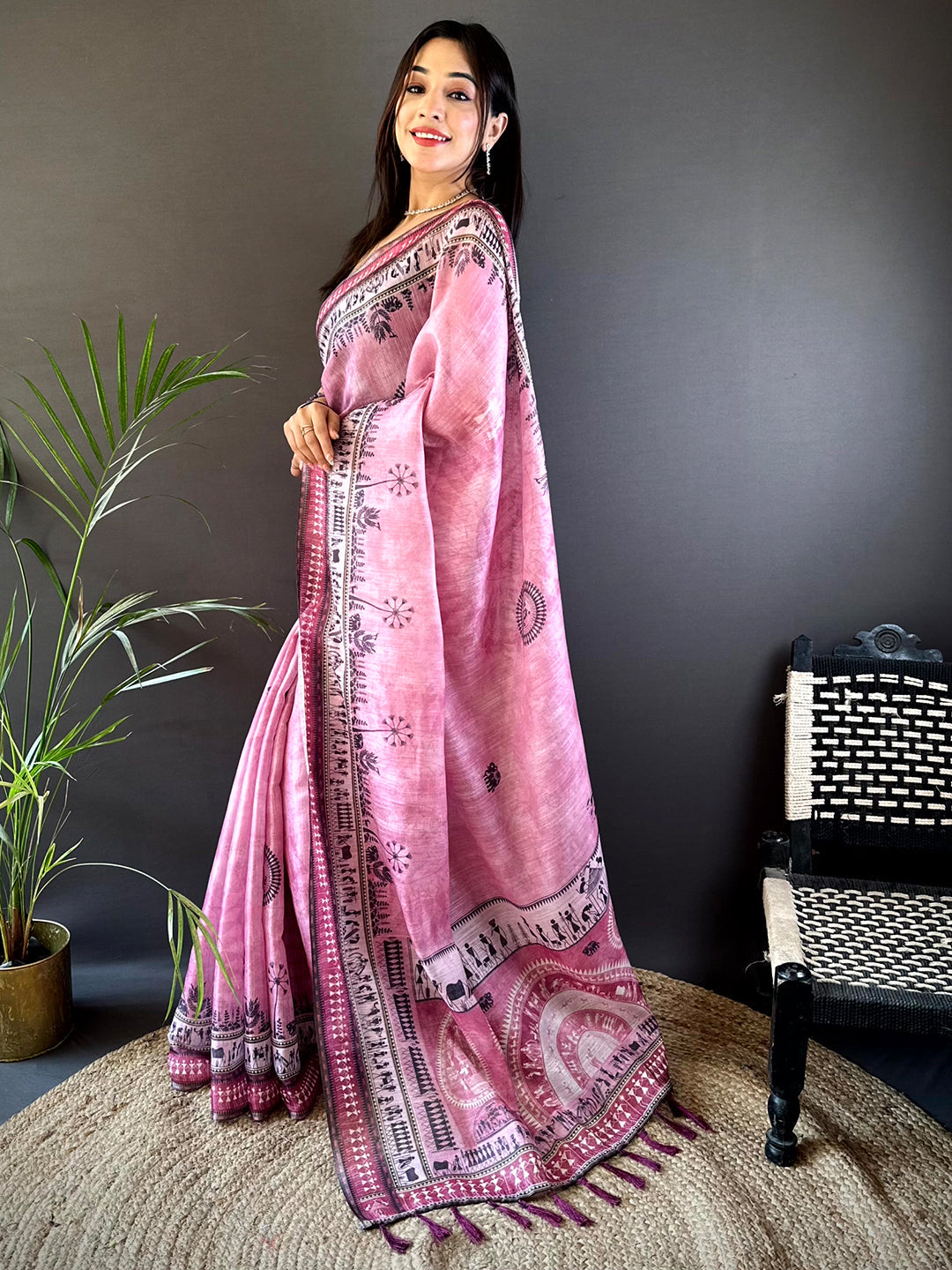 Blush Pink Warli Print Tissue Chanderi Saree by My Store