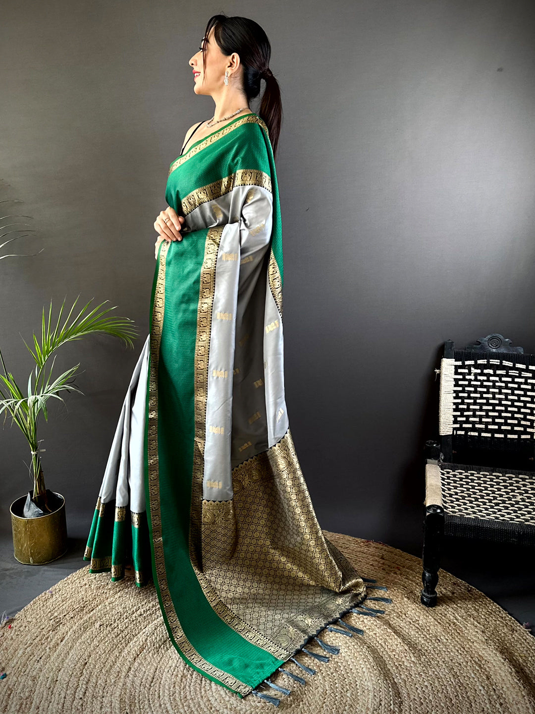 Serene Grey Gadhwal Soft Silk Saree by My Store