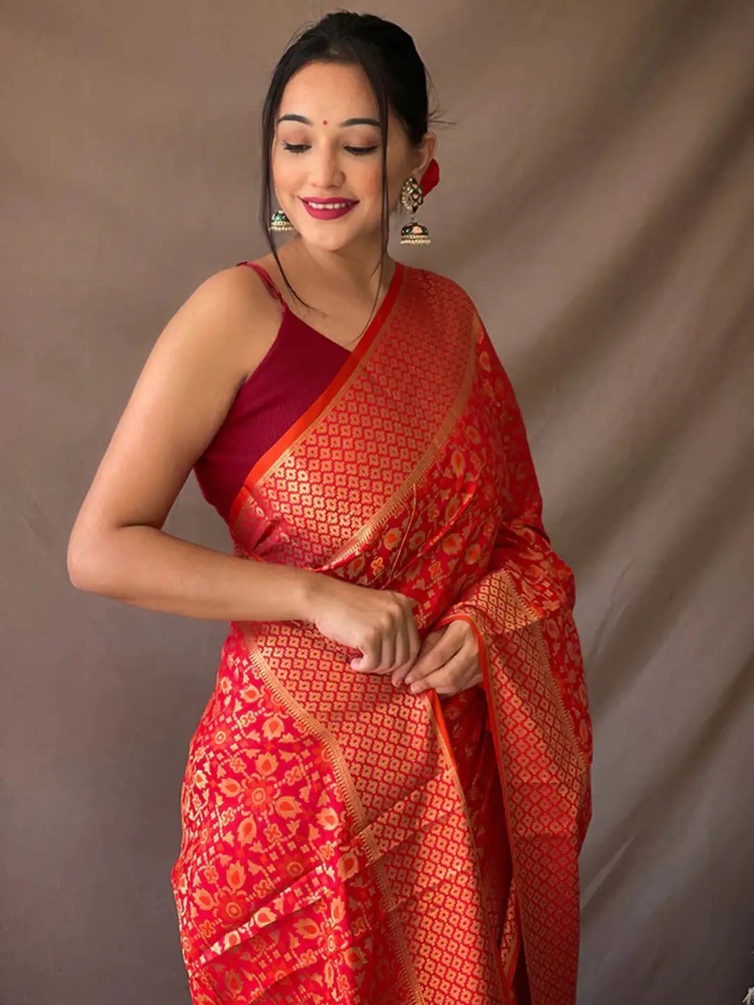 Red Rajkoti Patola Silk Zari Woven Saree by My Store