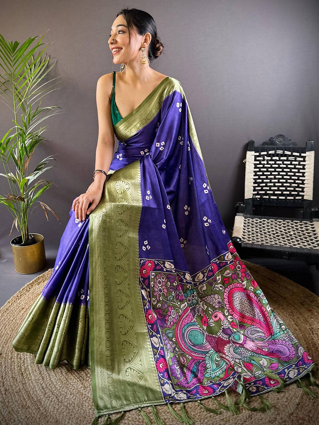 Kalamkari Bandhani Soft Silk Saree by My Store