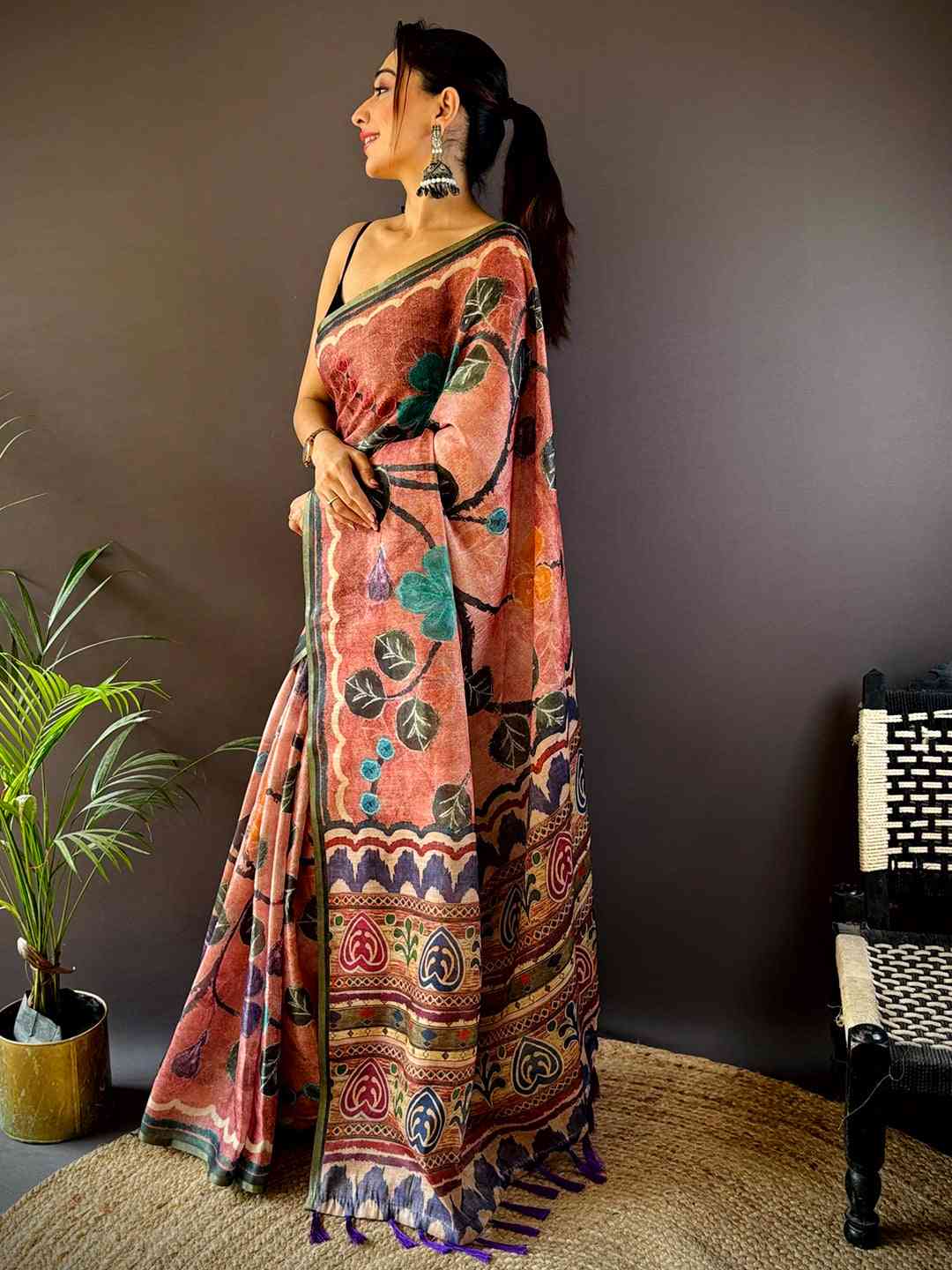 Rust Brown Folklore Tissue Chanderi Saree by My Store