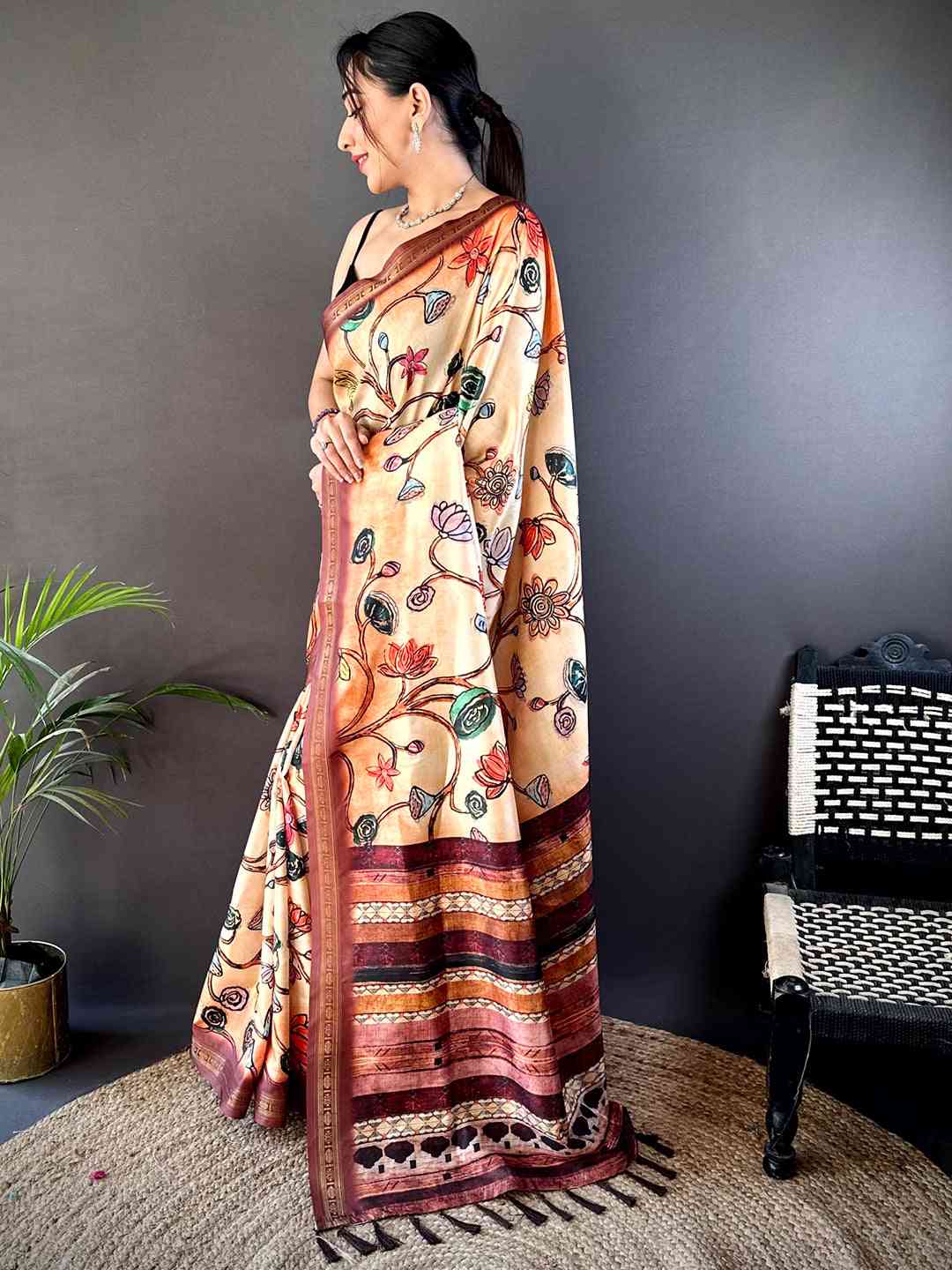 Peach Soft Silk Freehand Kalamkari Print Saree by My Store