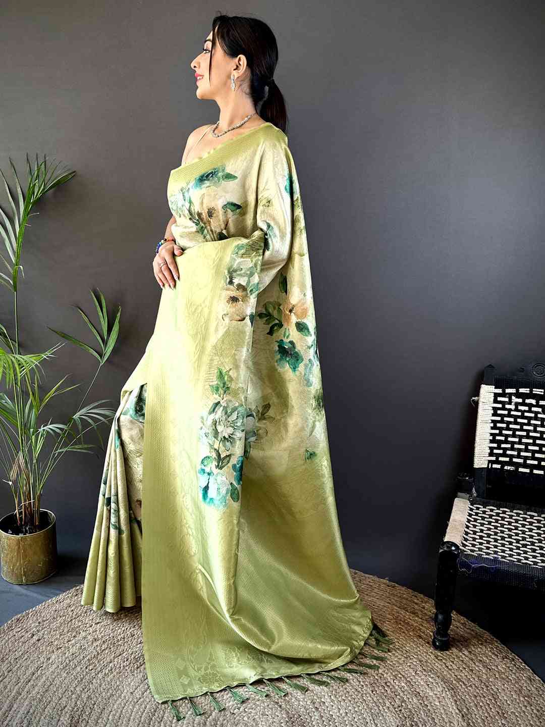 Olive Kanjivaram Digital Silk Saree by My Store