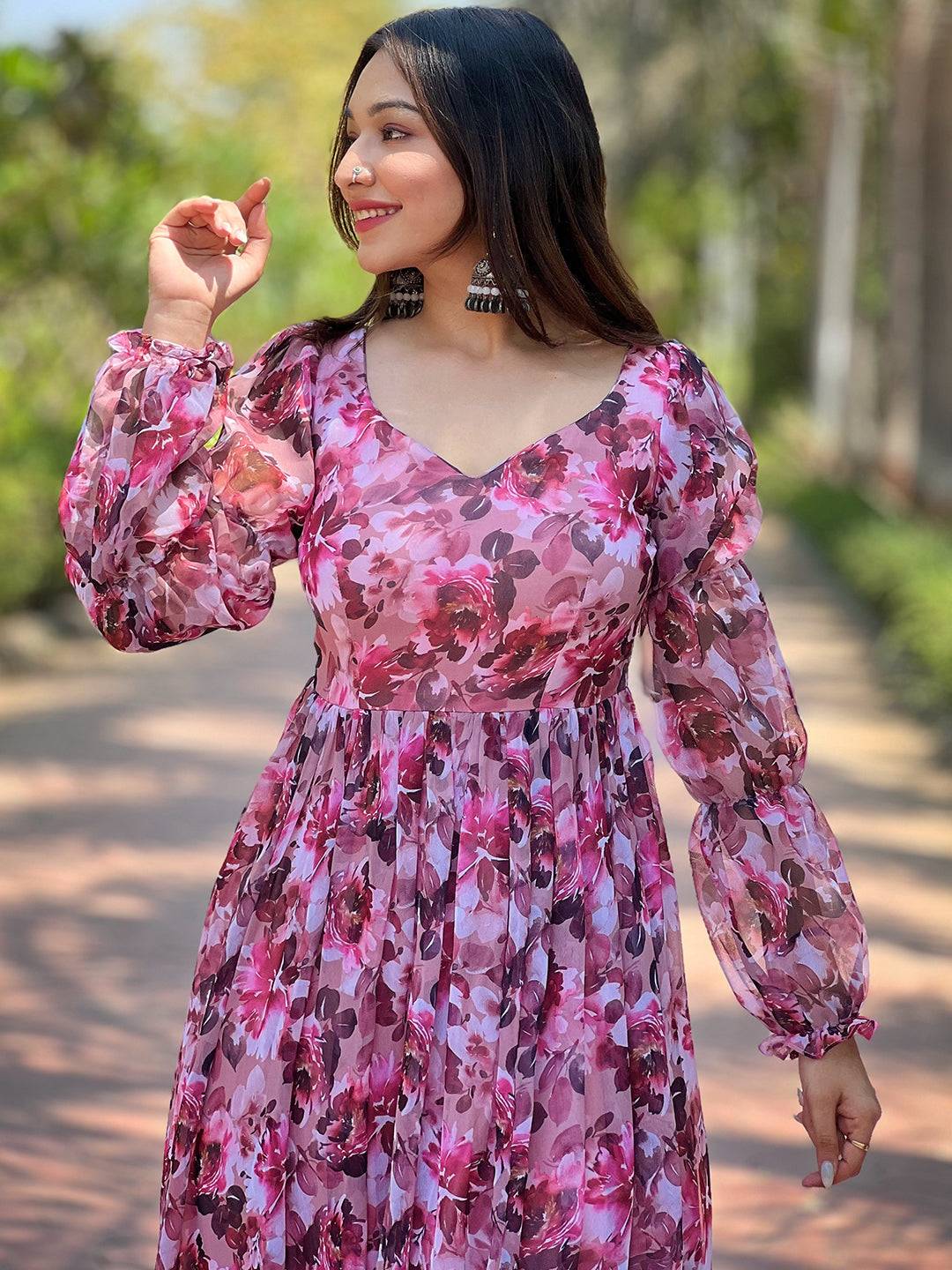 Wine Floral Bundl Print Dress