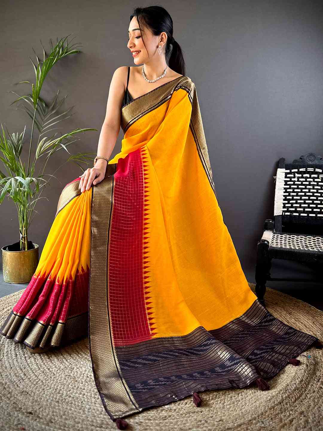 Sunshine Yellow Zari Pallu Cotton Viscose Saree by My Store