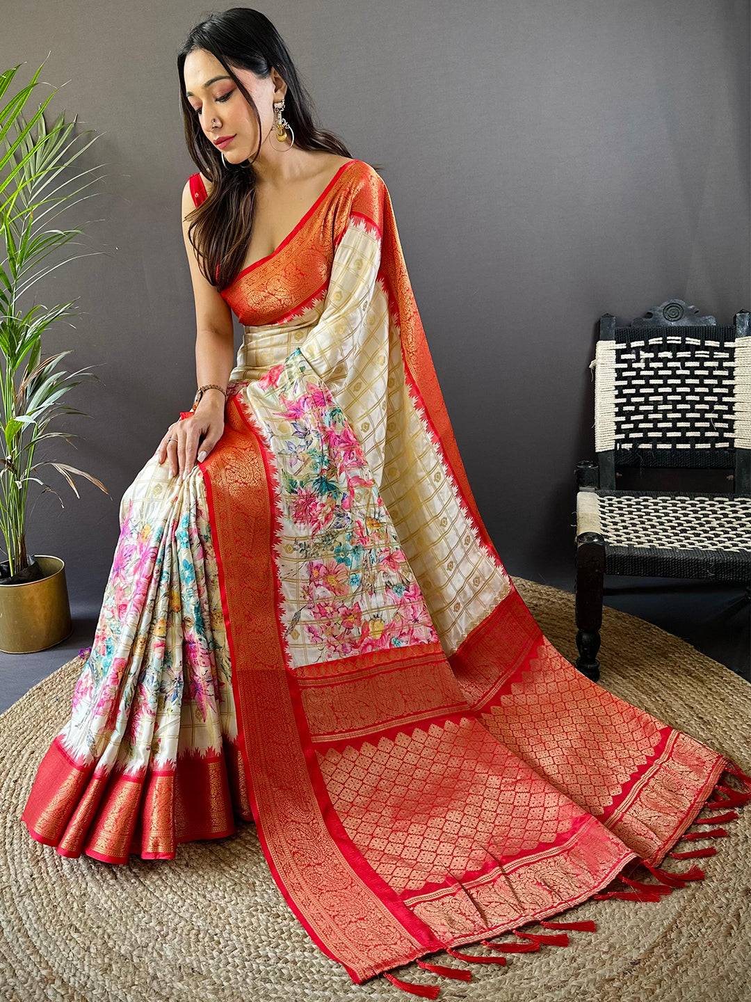 Red Floral Bloom Kovai Rettapet Saree by My Store