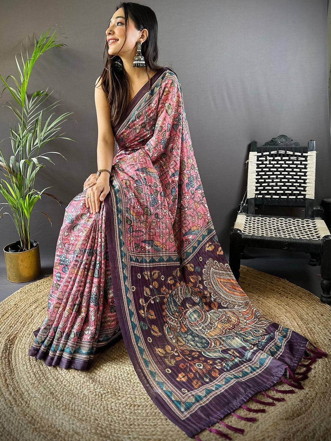 Pink Kalamkari Stripes Chanderi Saree by My Store