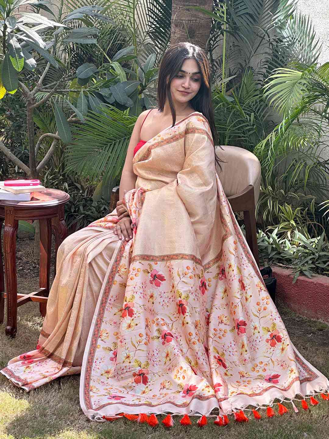 Peach Banarasi Kanjivaram Floral Print Saree by My Store