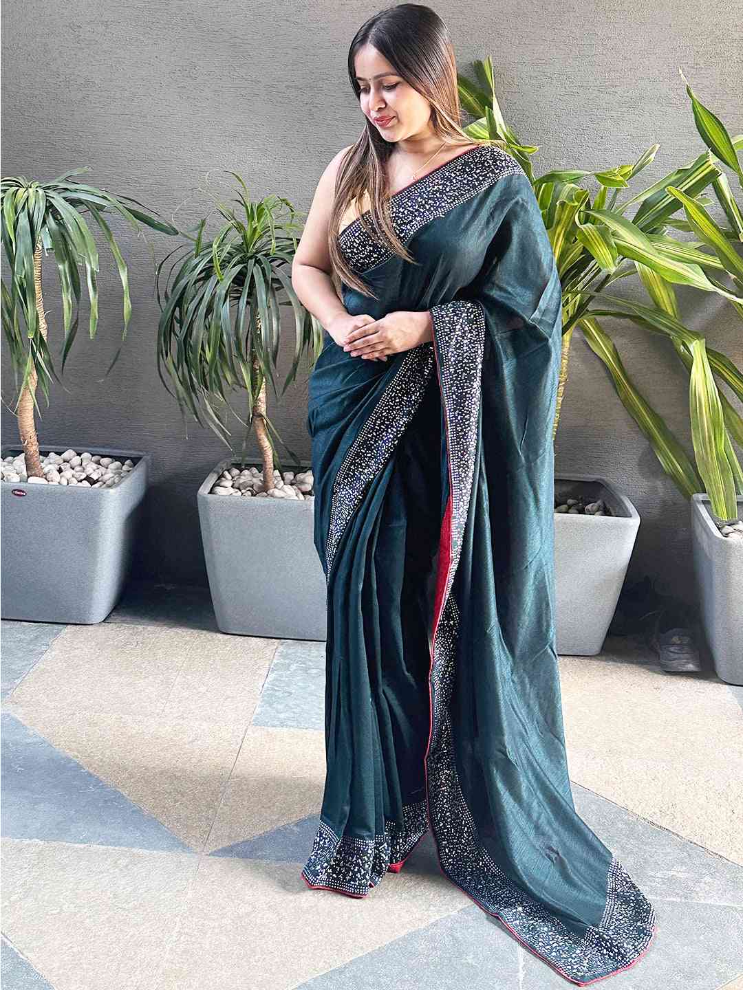 Dark Green colour Vichitra Silk Saree With Embellish Swarovski Stone work by My Store