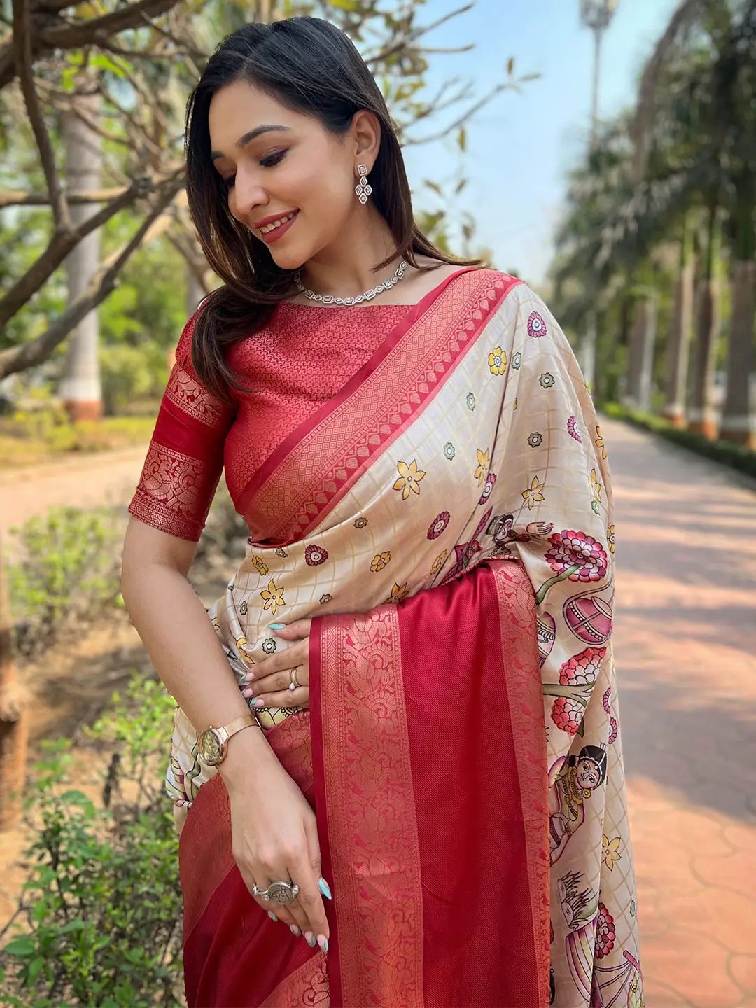 Chiku Colour Double Border Chex Weaving Banarasi Soft Silk Saree by My Store