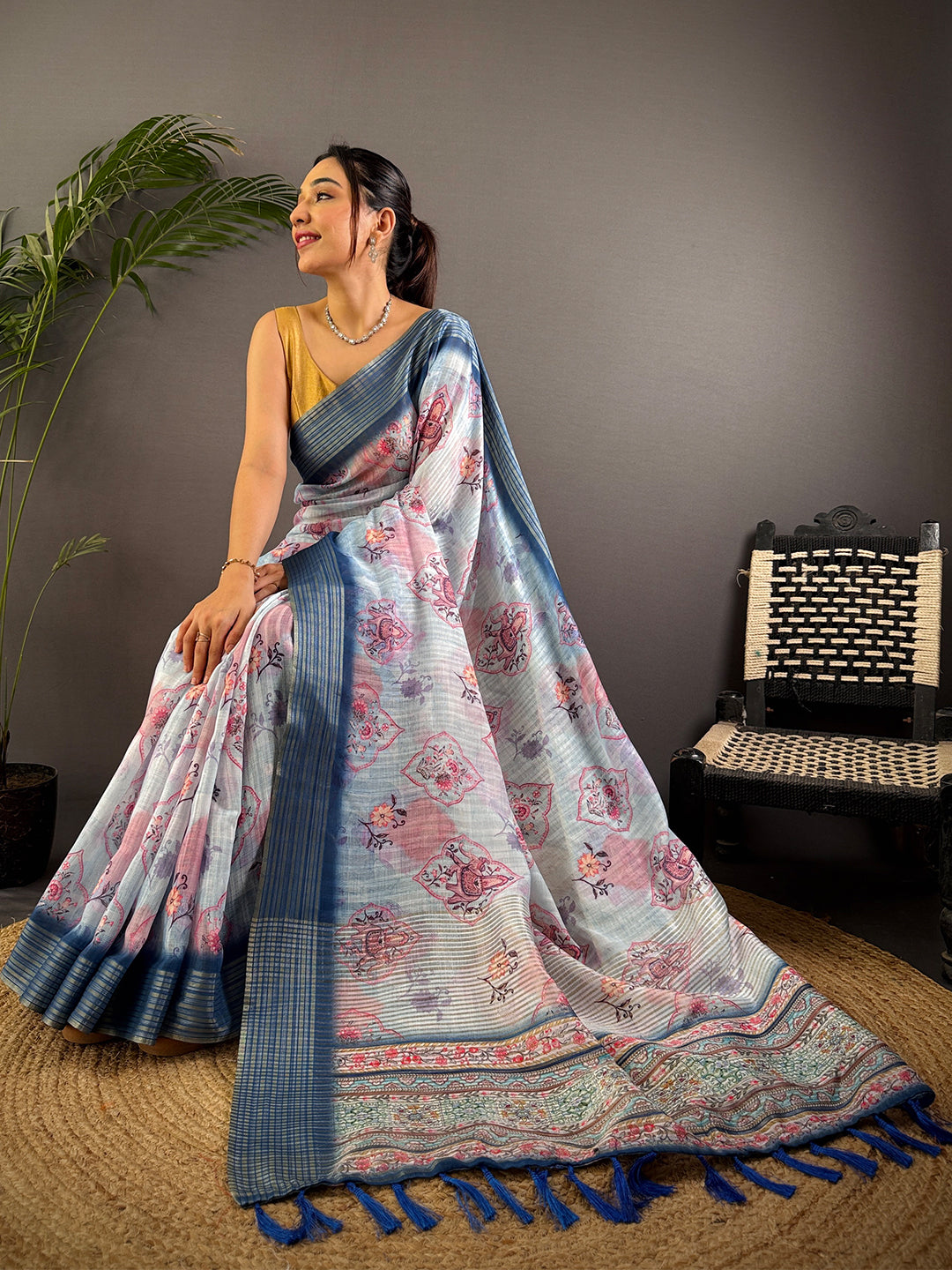 Pastel Blue Linen Digital Printed Saree by My Store