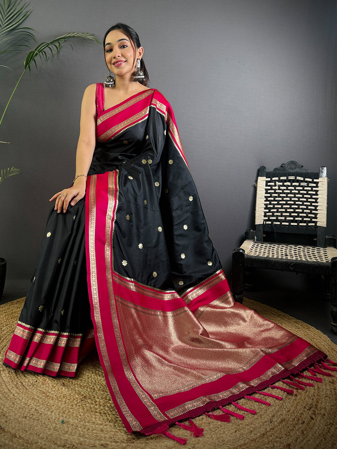 Raven Black Soft Silk Floral Butta Saree by My Store