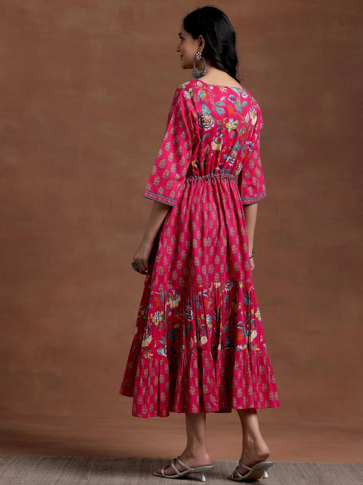 Pink Printed Cotton Fit and Flare Dress by My Store