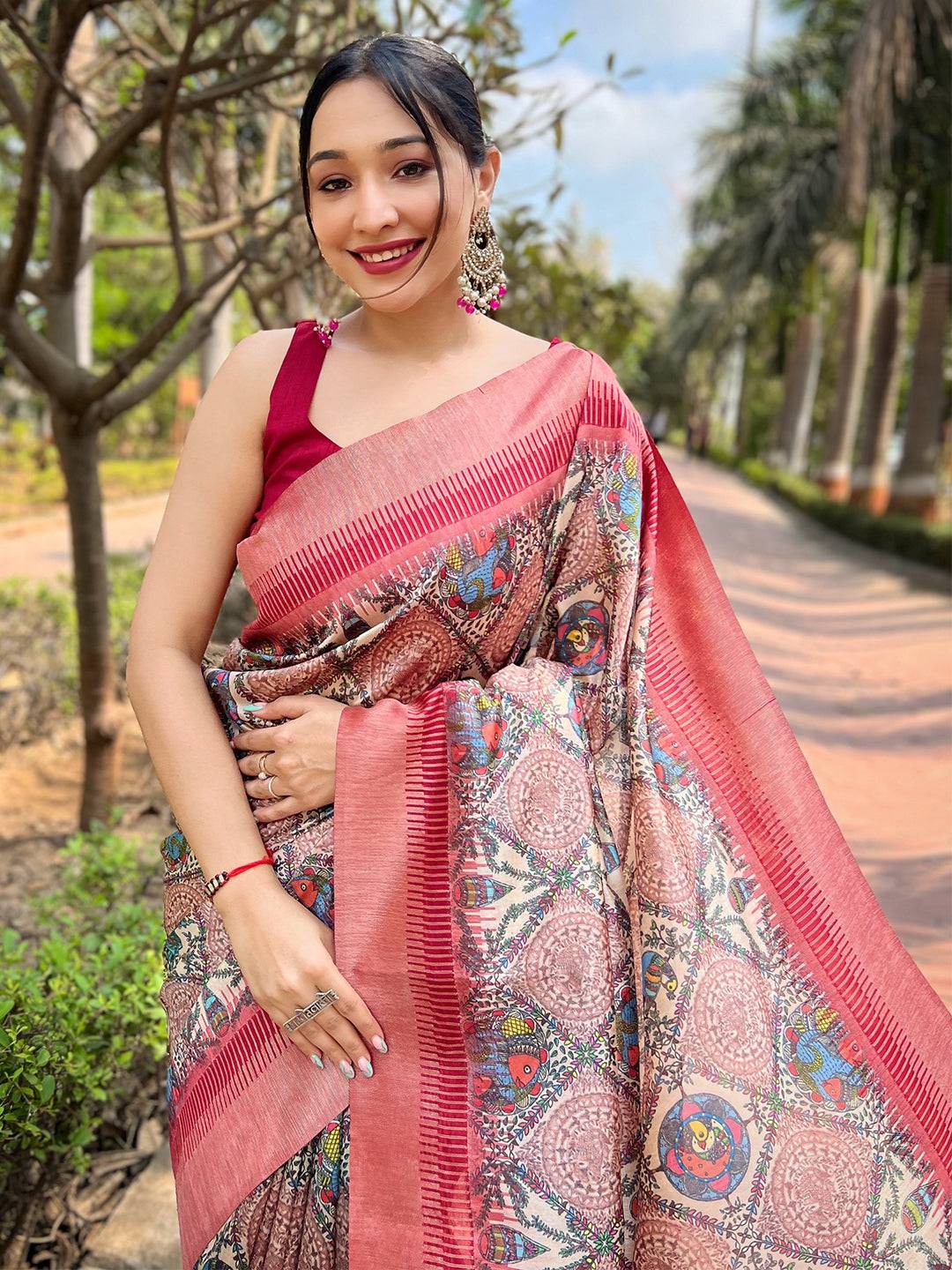 Trendy Slub Tussar Silk Madhubani Kalamkari Block Print Saree