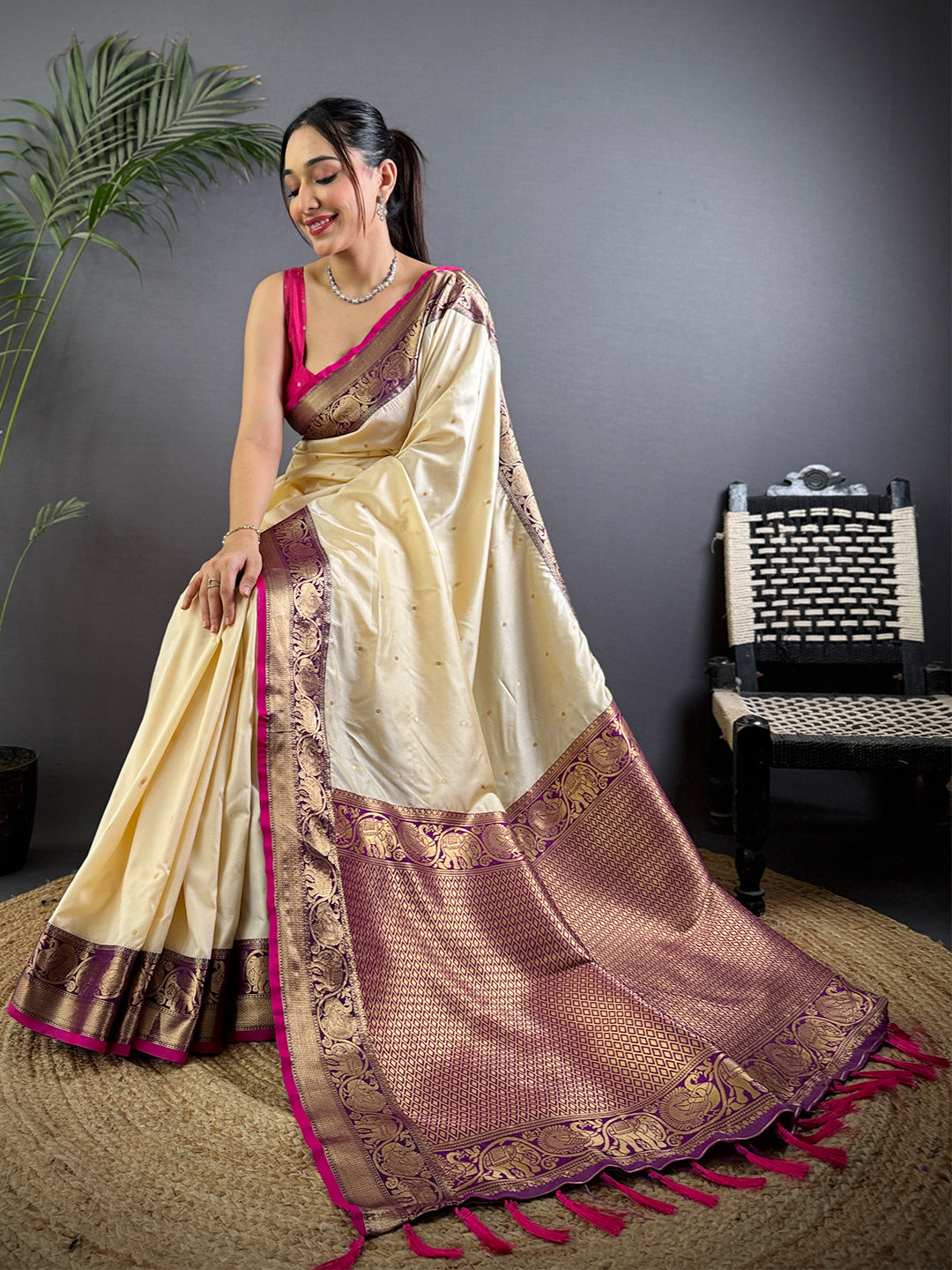 Cream Soft Kanjivaram Silk Gadwal Saree by My Store