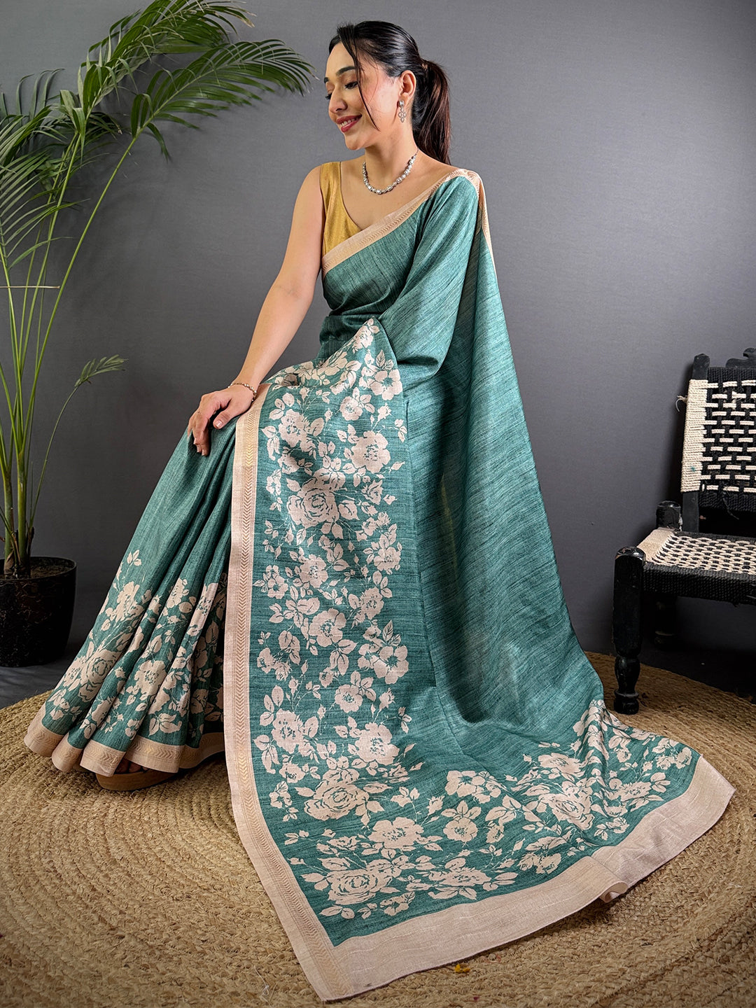 Teal Tussar Ghicha Silk Saree