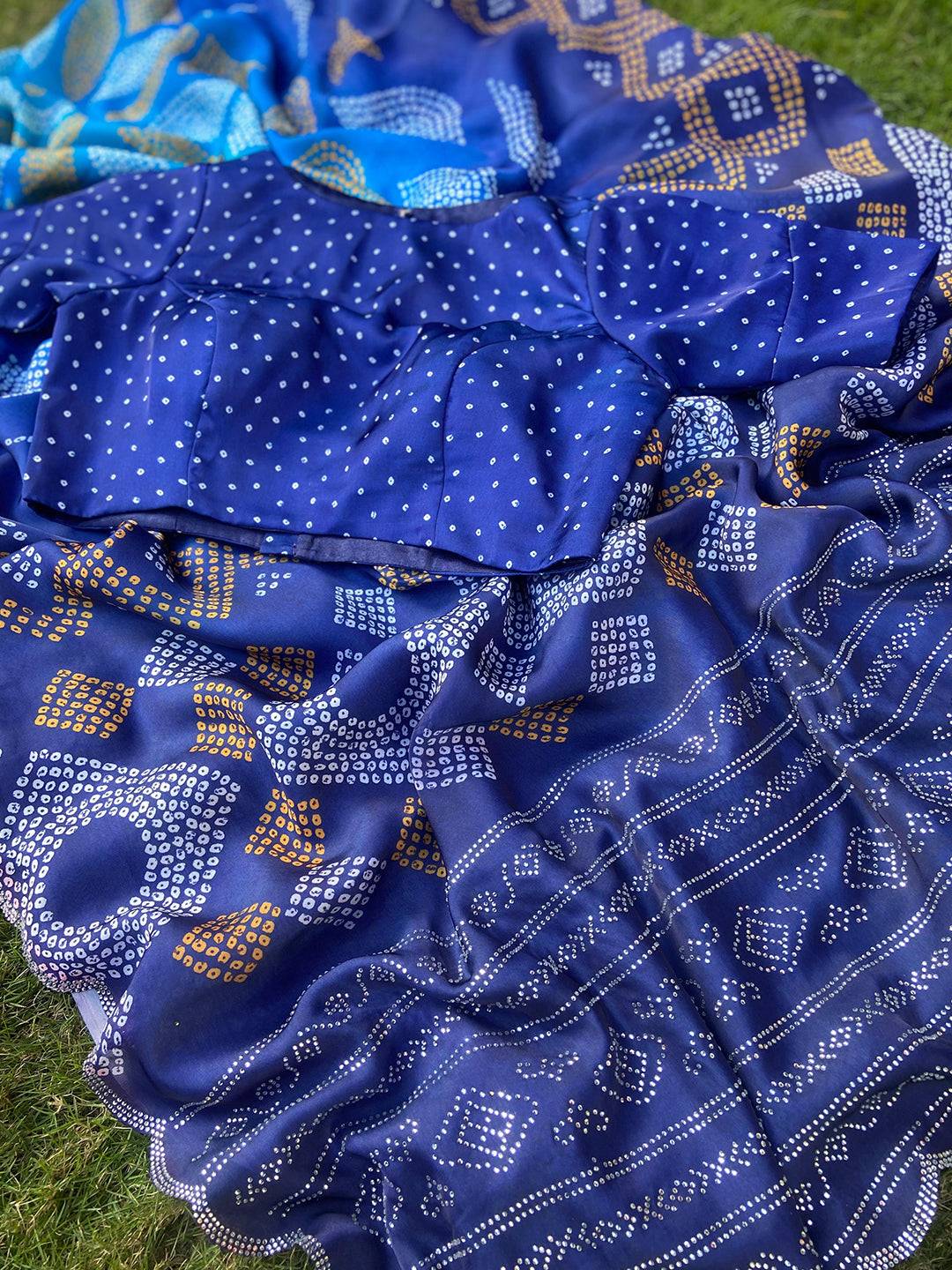 Blue Georgette Silk Saree with Ombre Bandhej Print & Swaroski Stone Work