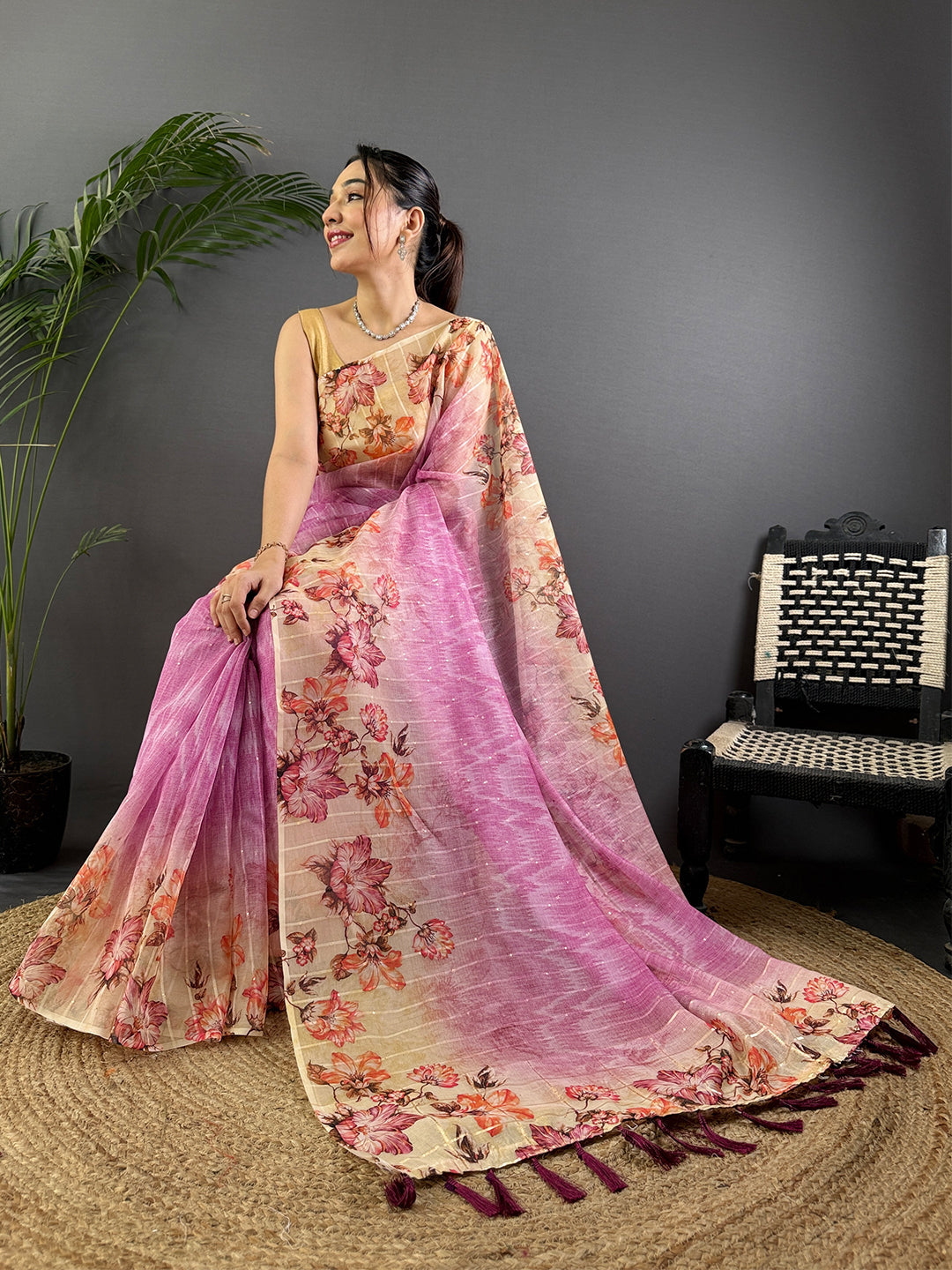 Rose Pink Soft Organza Digital Floral Saree by My Store