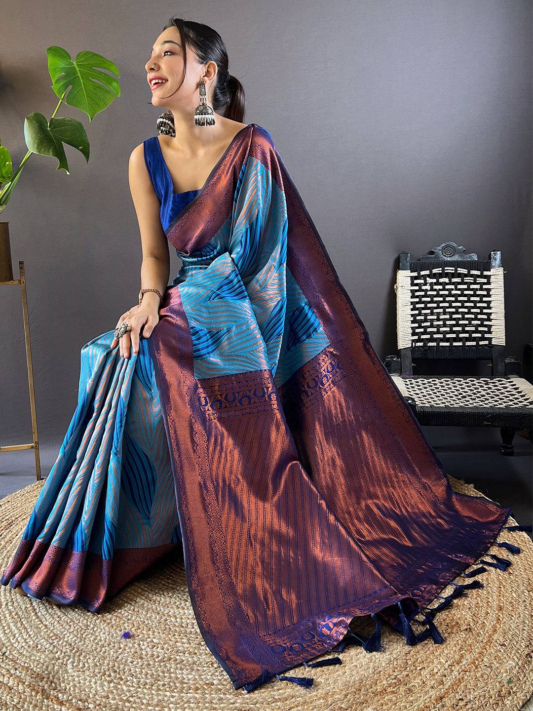Royal Blue Tussar Silk Zari Weaving Ikkat Saree by My Store