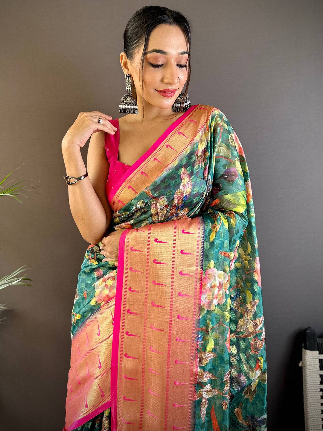 Teal Paithani Kora Silk Saree by My Store