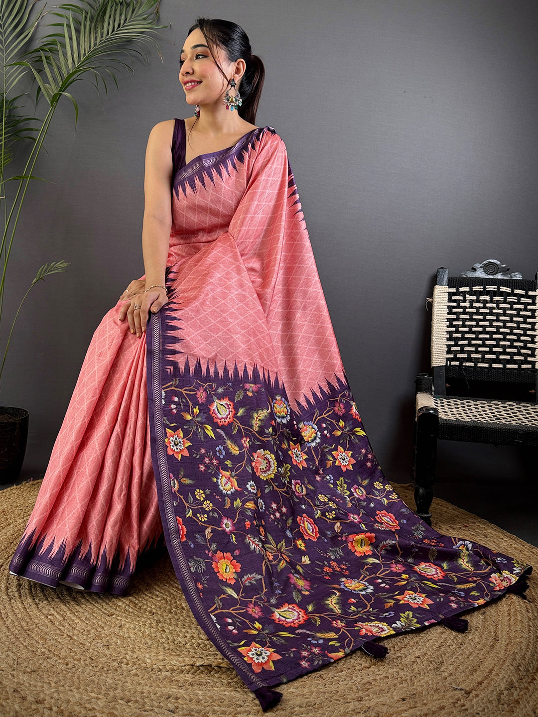 Gajari Tussar Silk Kalamkari Printed Saree by My Store