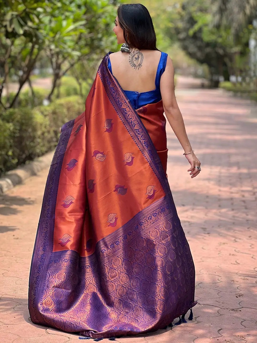 Rust Red Kanjivaram Tissue Saree With Gold Zari Weaving by My Store