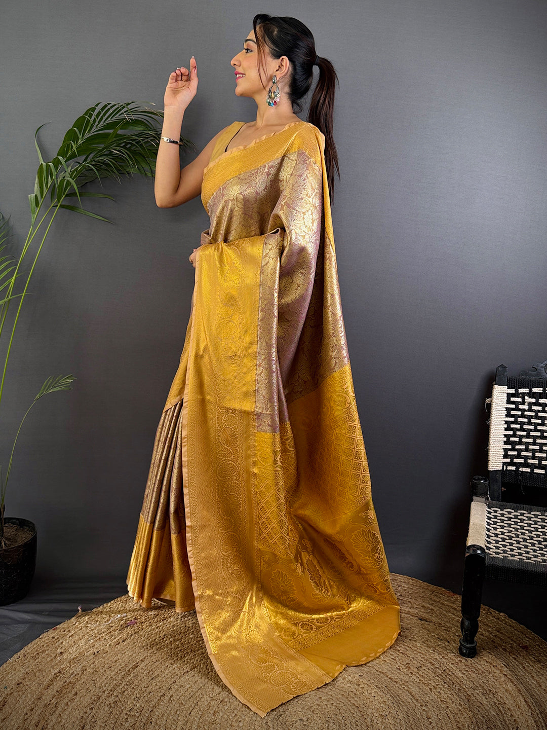 Blush Pink Golden Threadwork Dharmavaram Saree by My Store