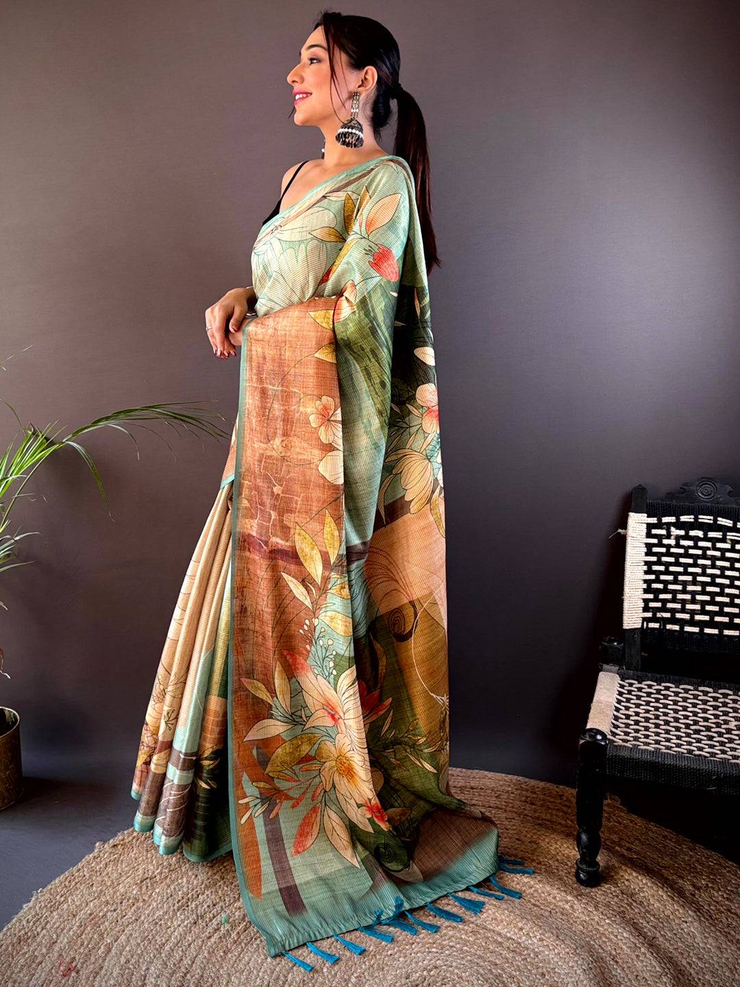 Rama Blue Zari Tussar Floral Saree by My Store