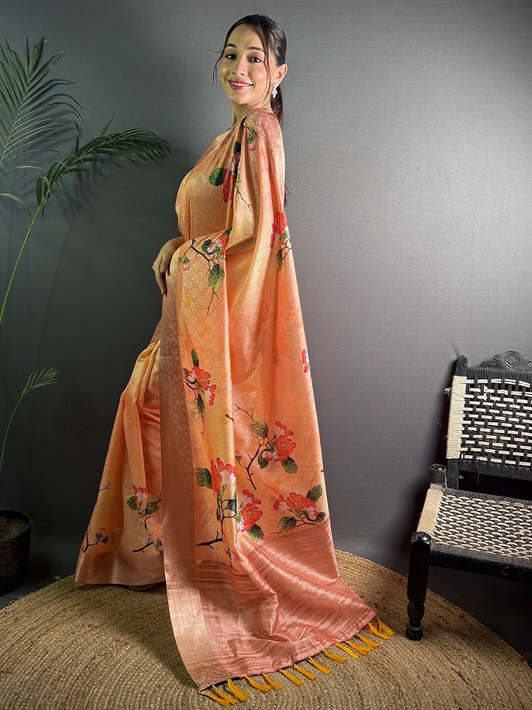 Peach Soft Organza Silk Floral Saree by My Store