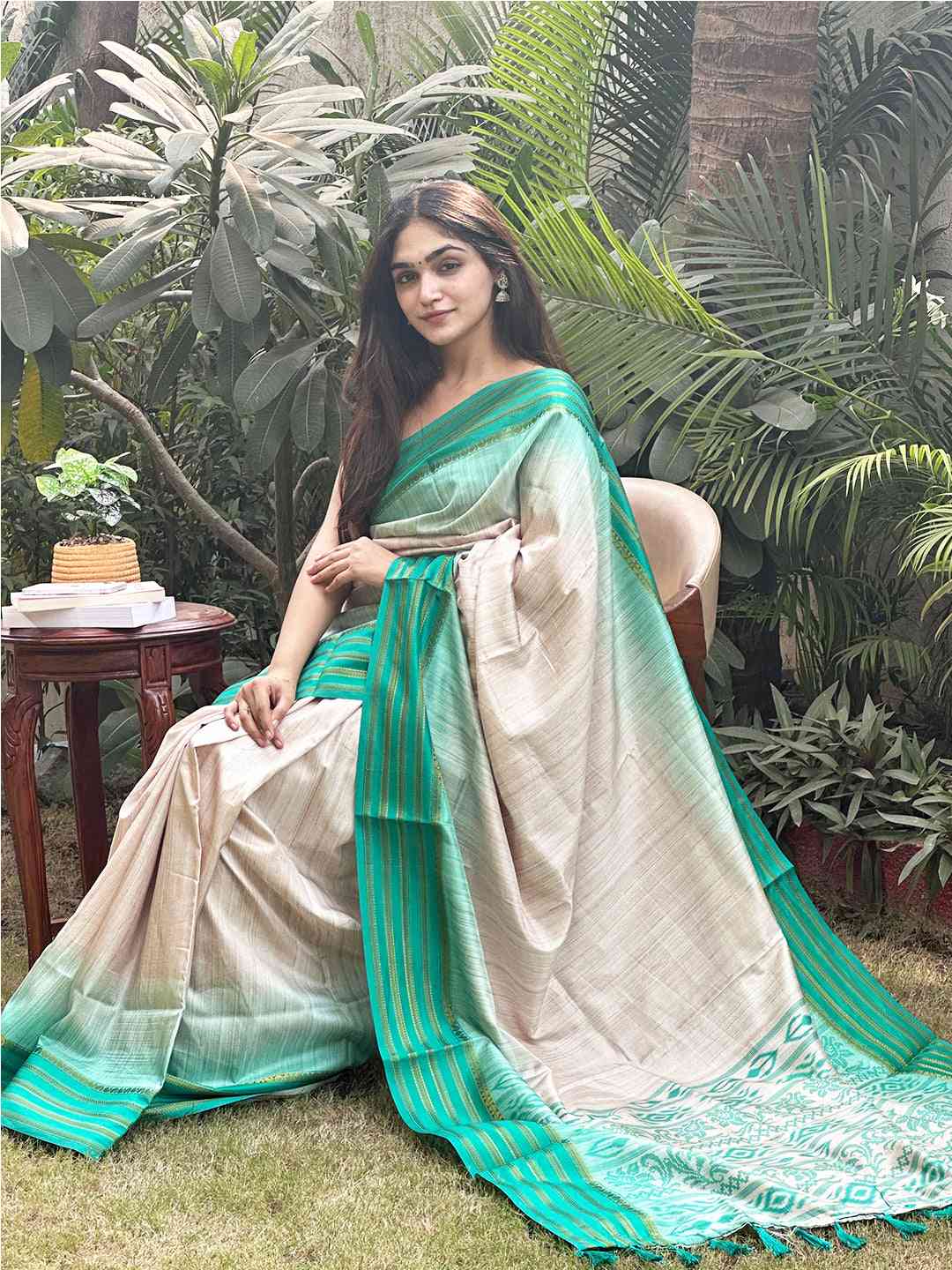 Ikkat Motifs and Paisley Prints on Ghicha Saree by My Store