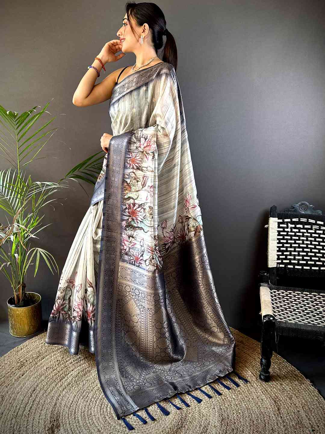 Grey Ghicha Weave Floral Saree by My Store