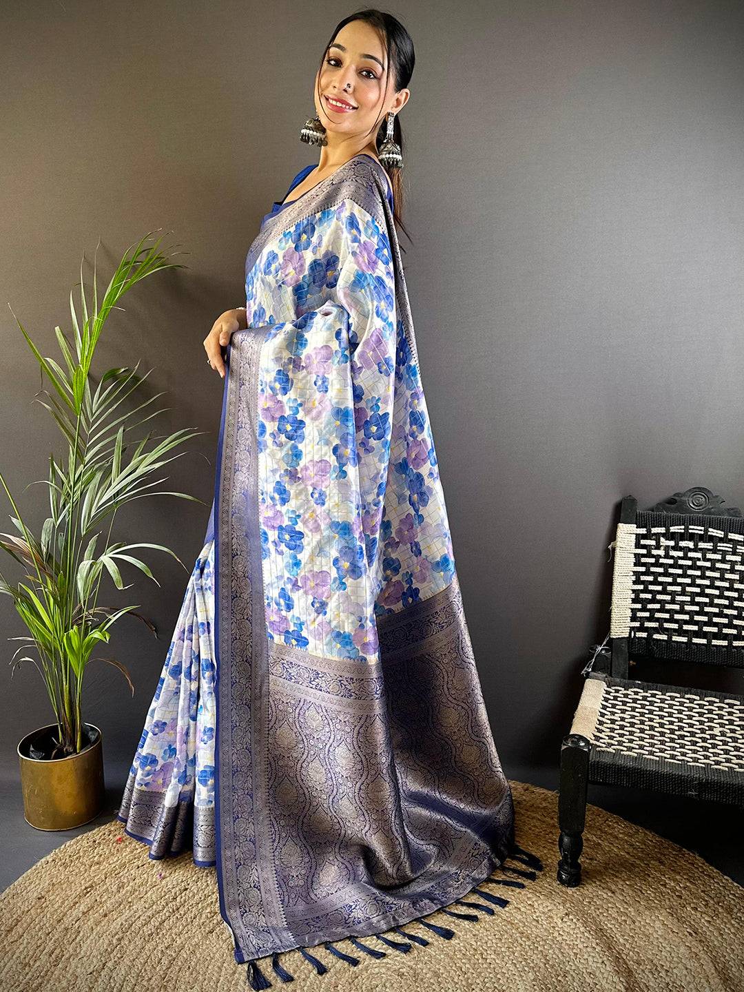 Serene Sky Blue Floral Saree by My Store