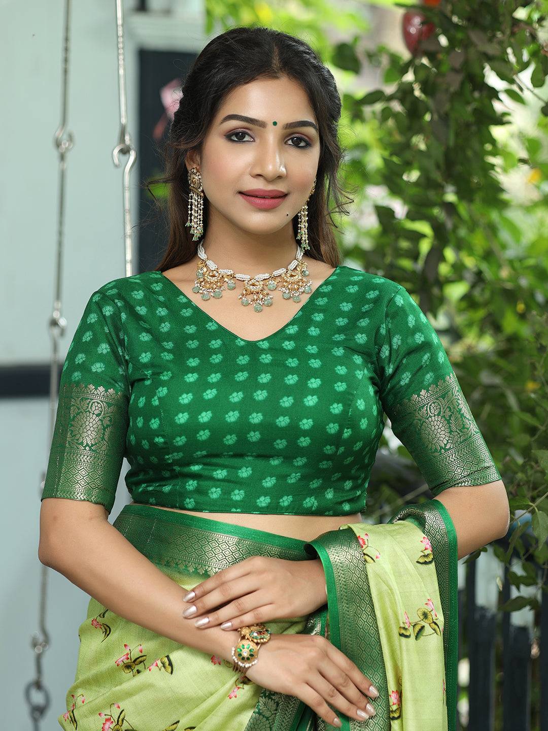 Pichwai Print Zari Weaving Pallu Saree In Light Green Colour - Luxe by My Store