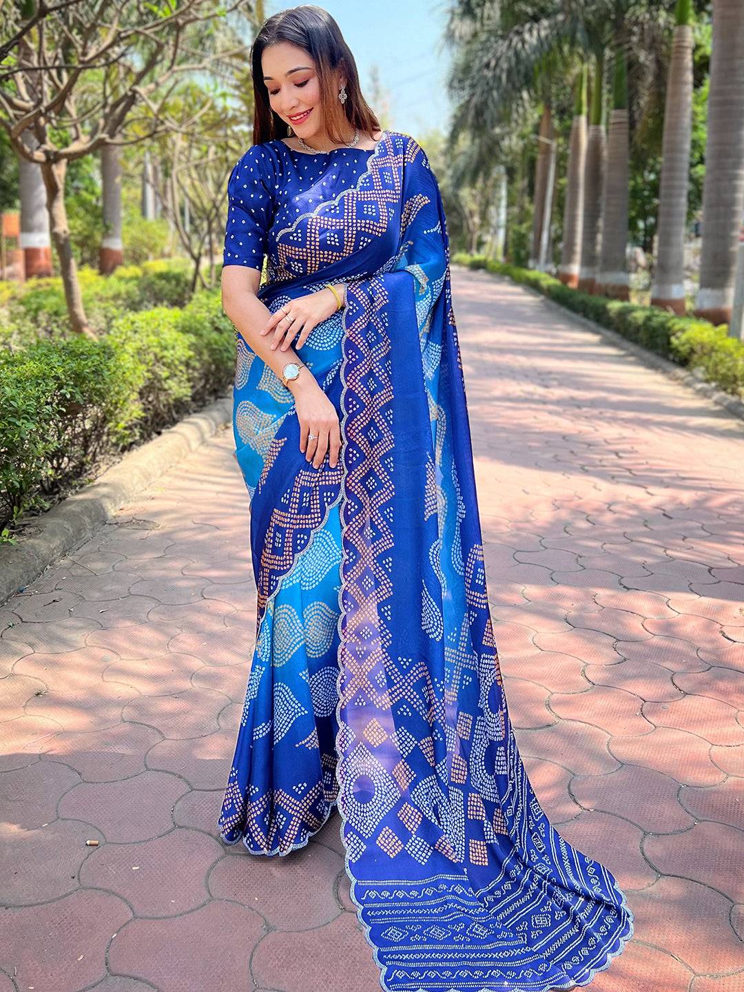 Blue Georgette Silk Saree with Ombre Bandhej Print & Swaroski Stone Work