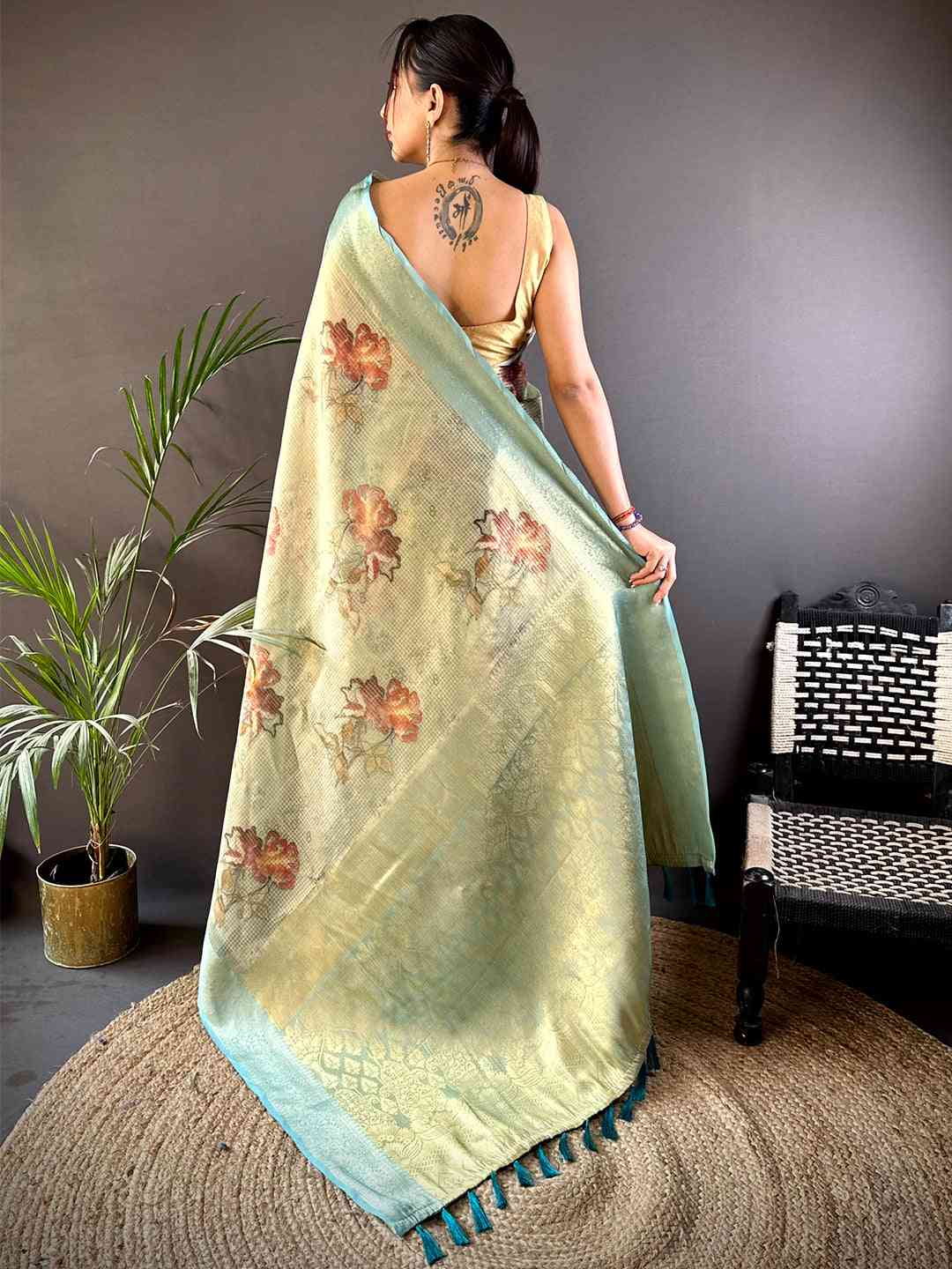 Stylish Green Self Gold Zari Floral Print Saree by My Store