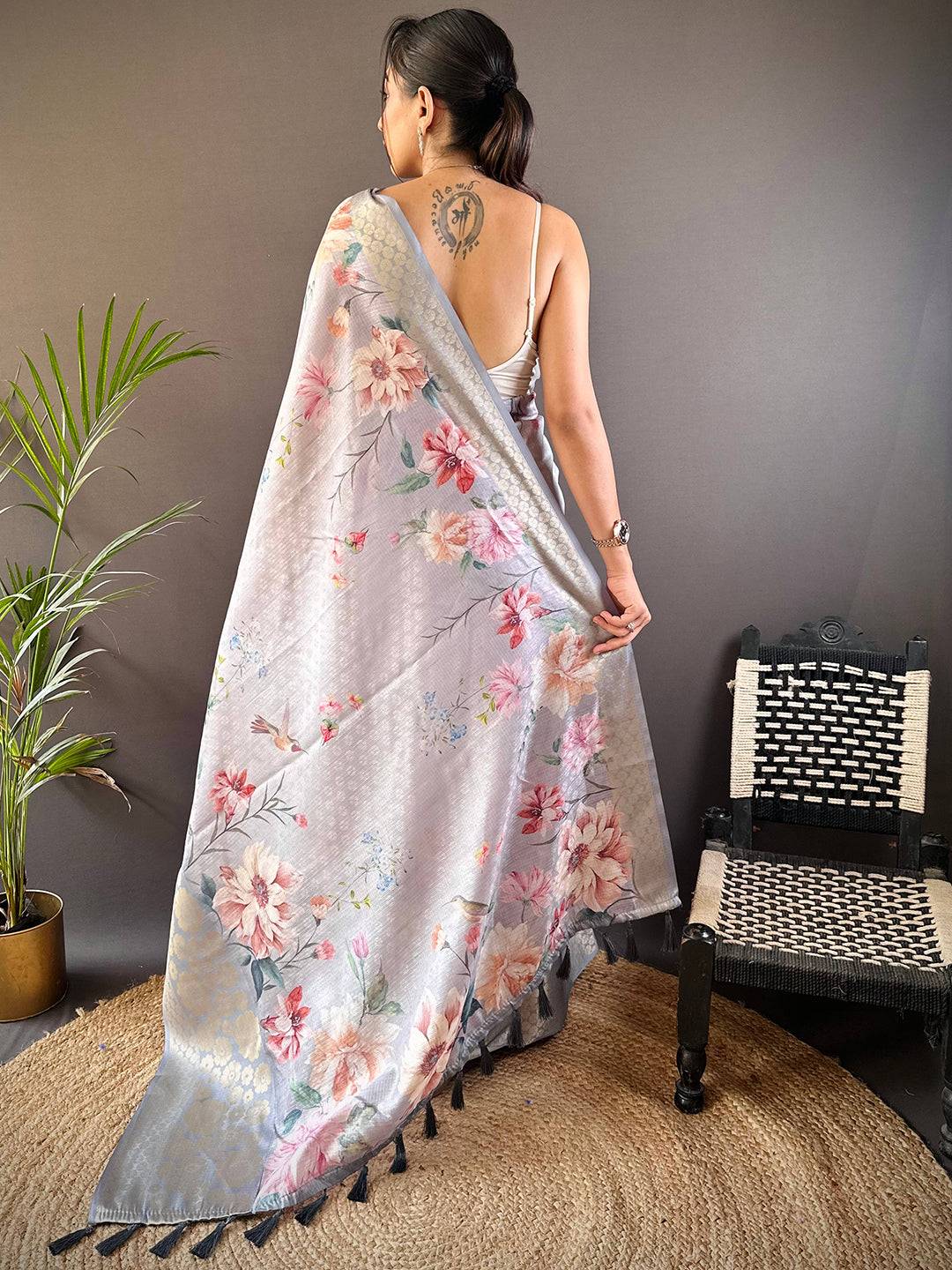 Grey Kota Doriya Zari Floral Kanchi Border Saree by My Store