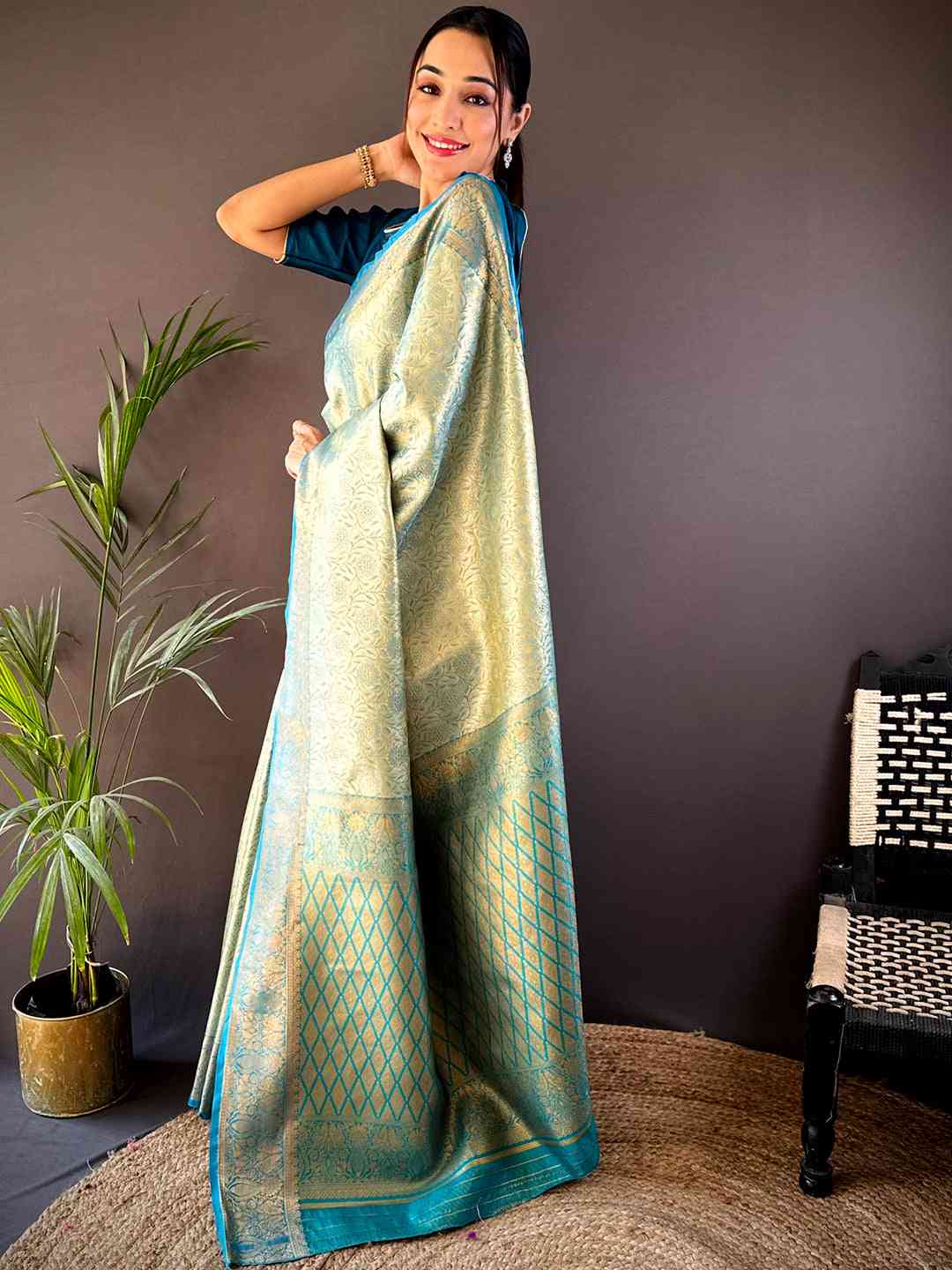 Gold Zari Floral Saree in Rama by My Store