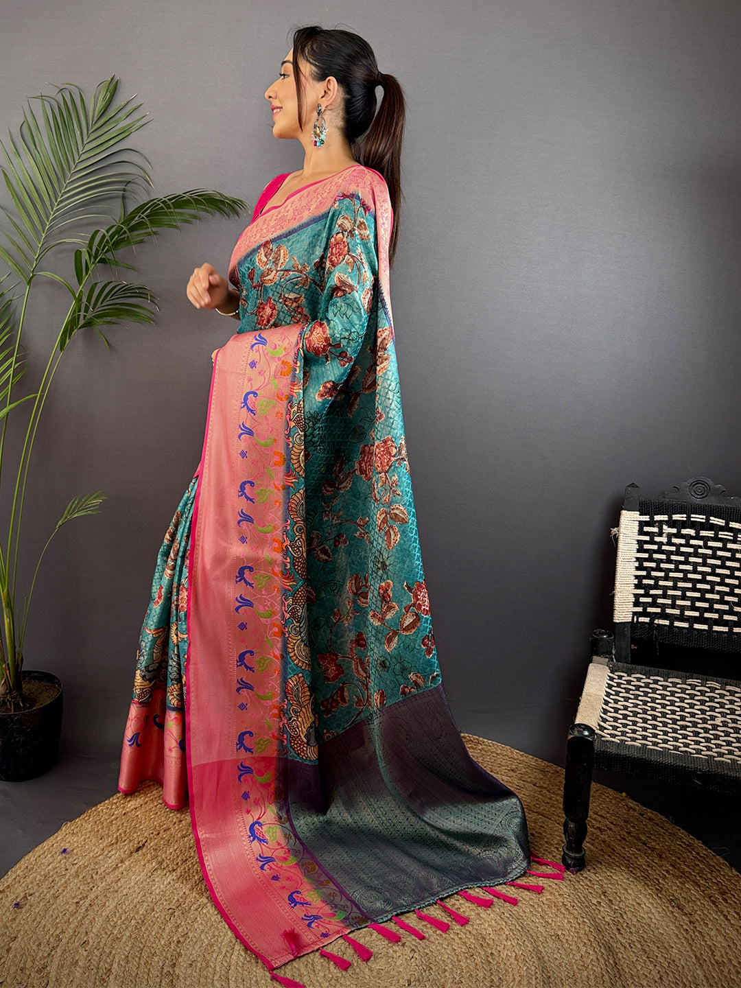 Teal Kora Muslin Kalamkari Floral Print Saree by My Store