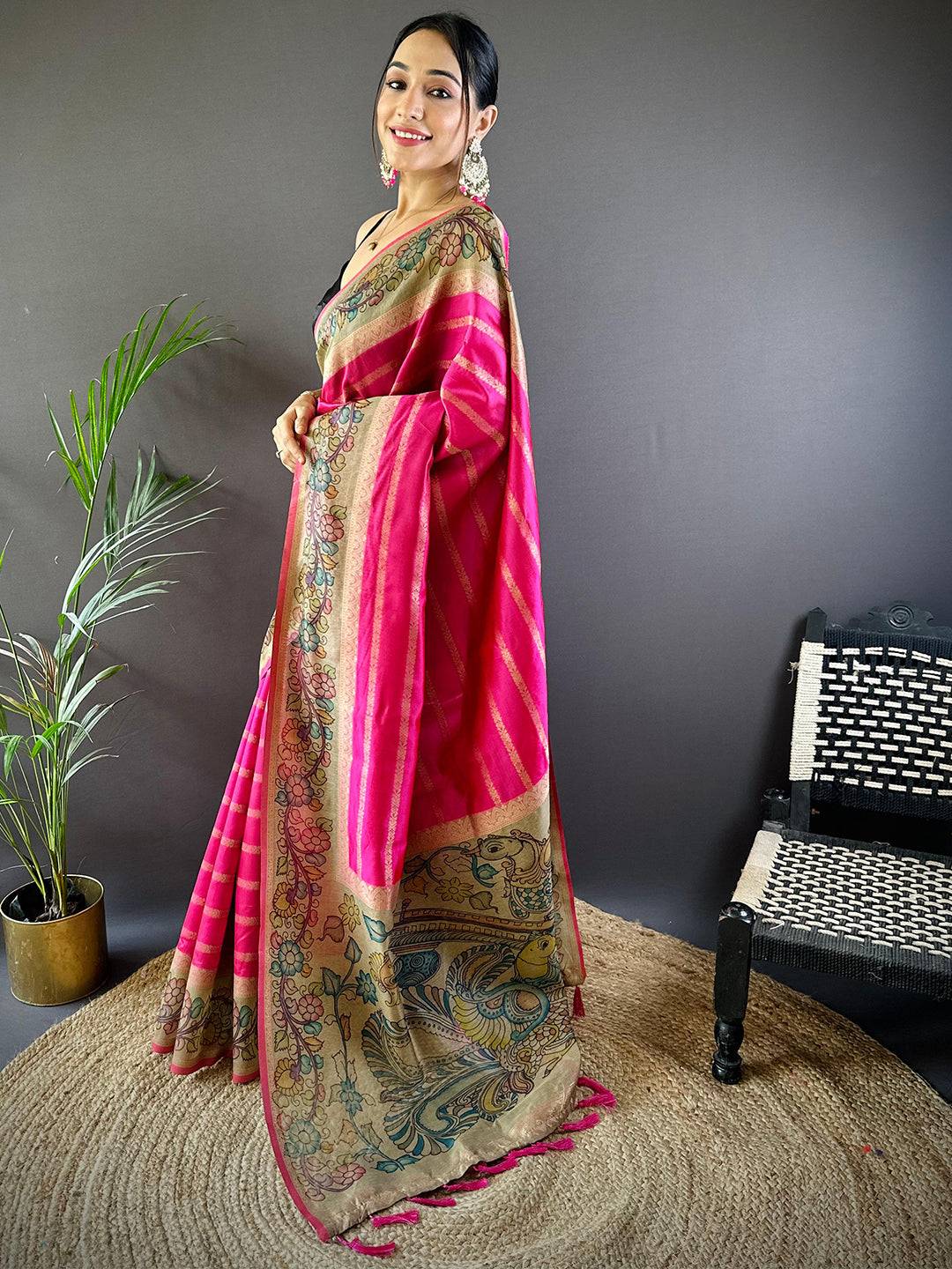 Pink Geometric Zari And Kalamkari Silk Saree by My Store