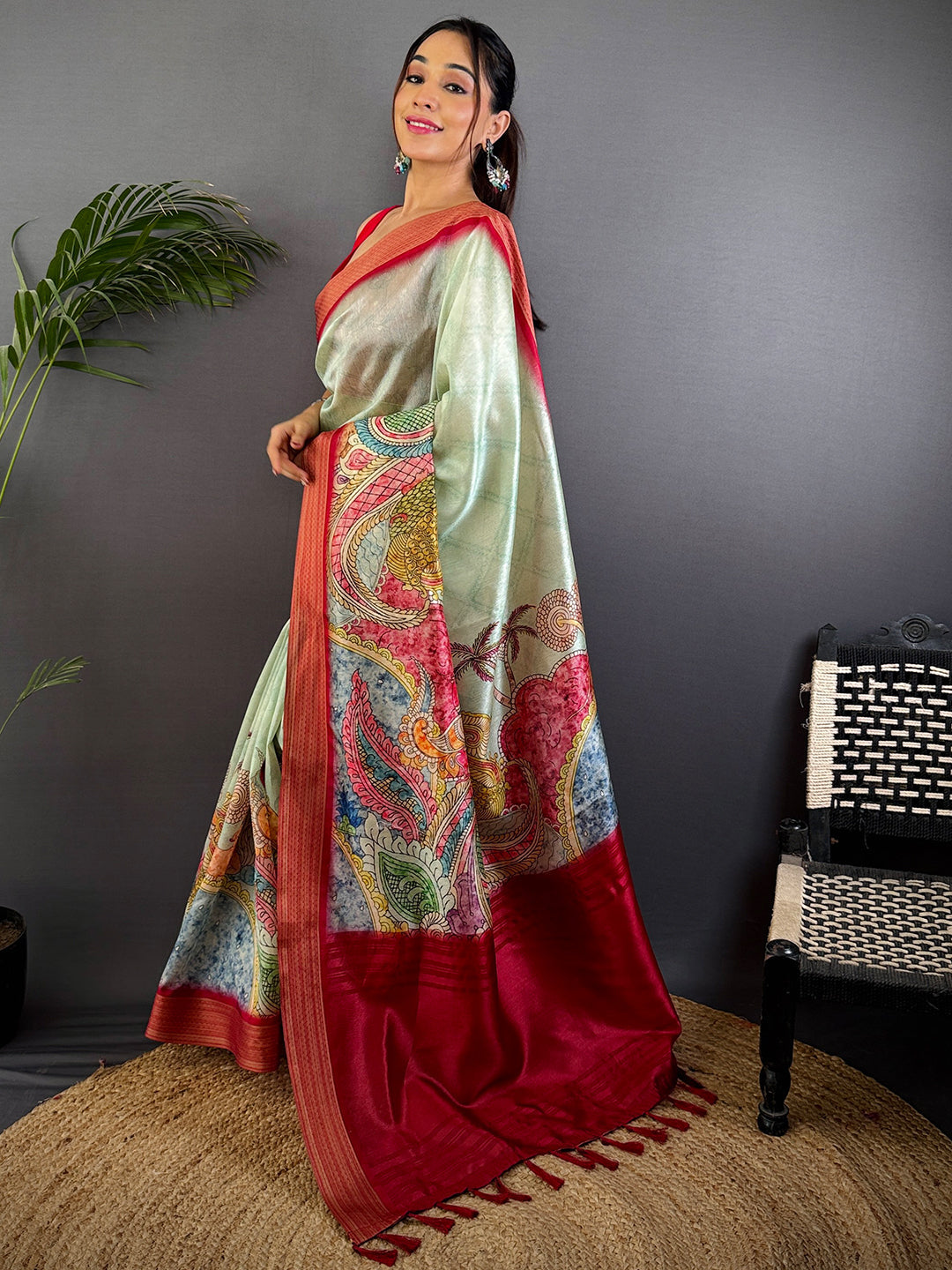 Turquoise Blue Tussar Silk Kalamkari Print Saree