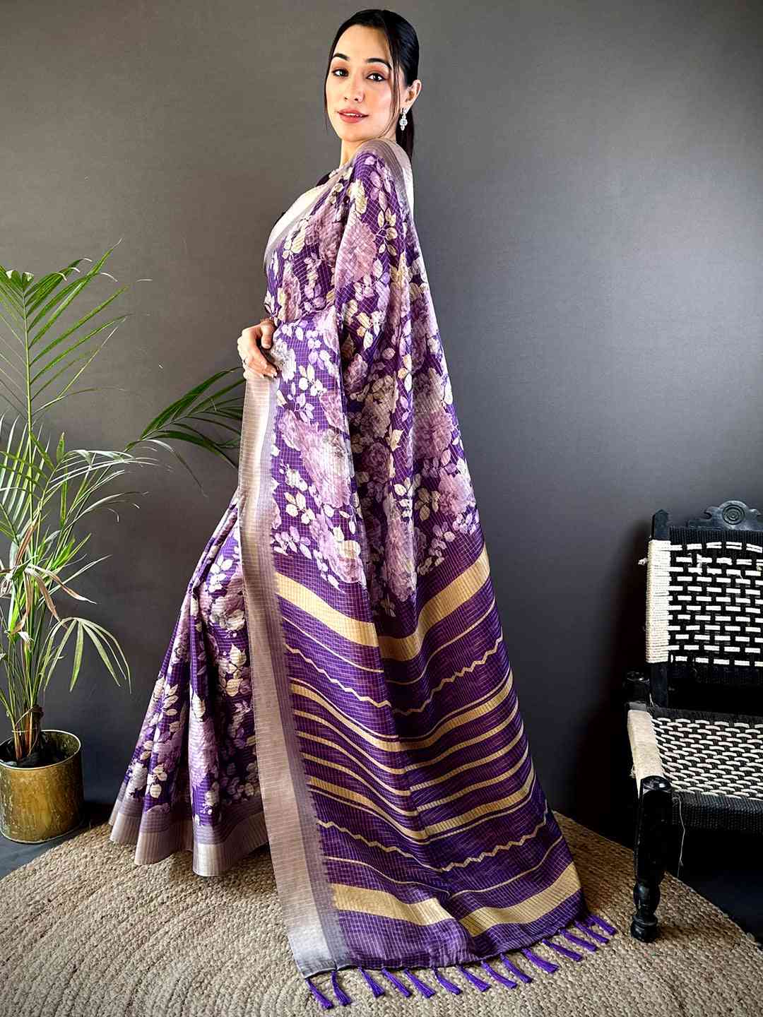 Purple Tussar Chex Floral Saree by My Store