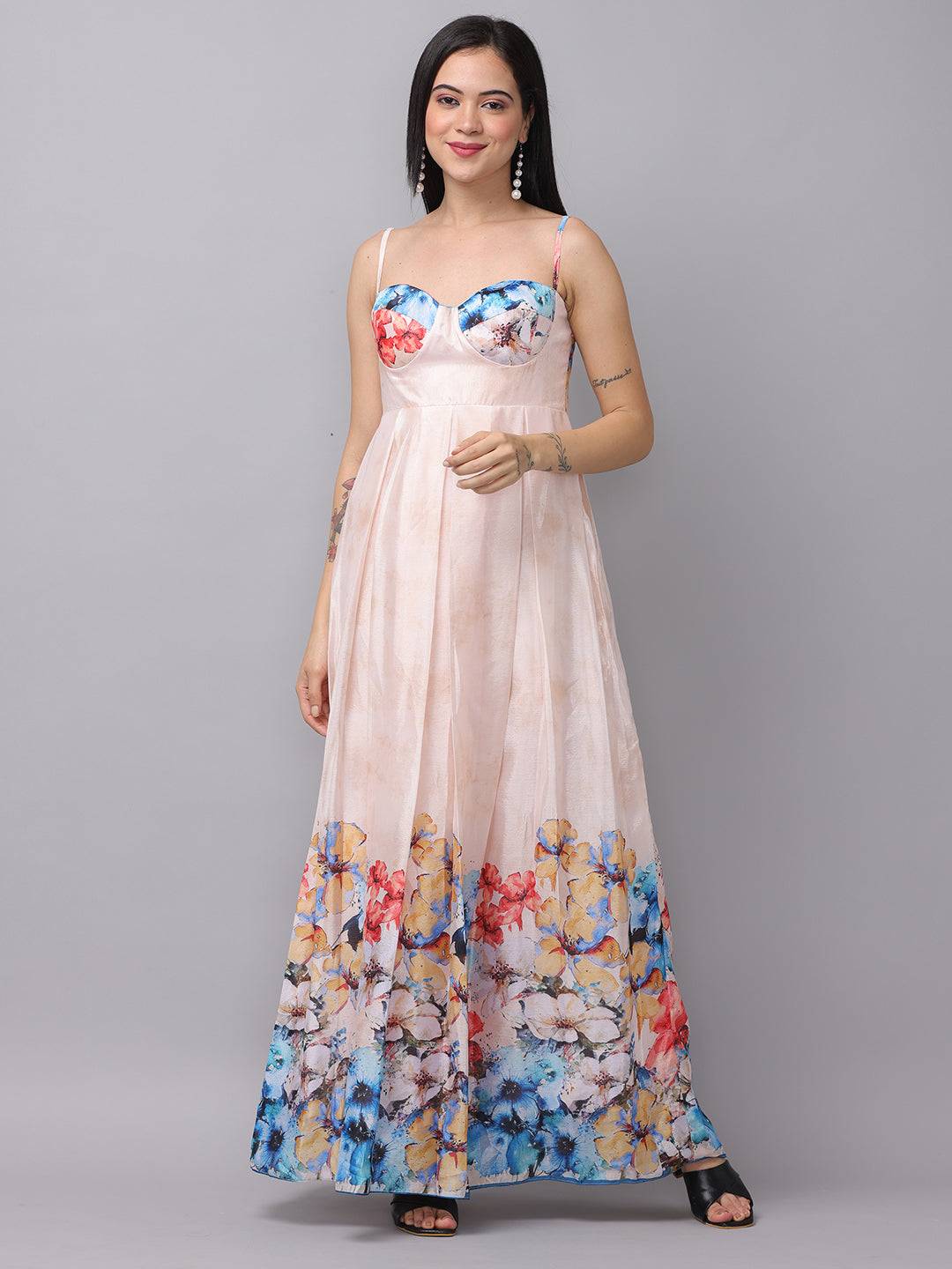 Cream Printed Floral Dress by My Store