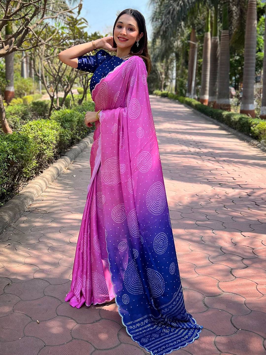 Pink Georgette Silk Saree with Ombre Bandhej Print & Swaroski Stone Work by My Store