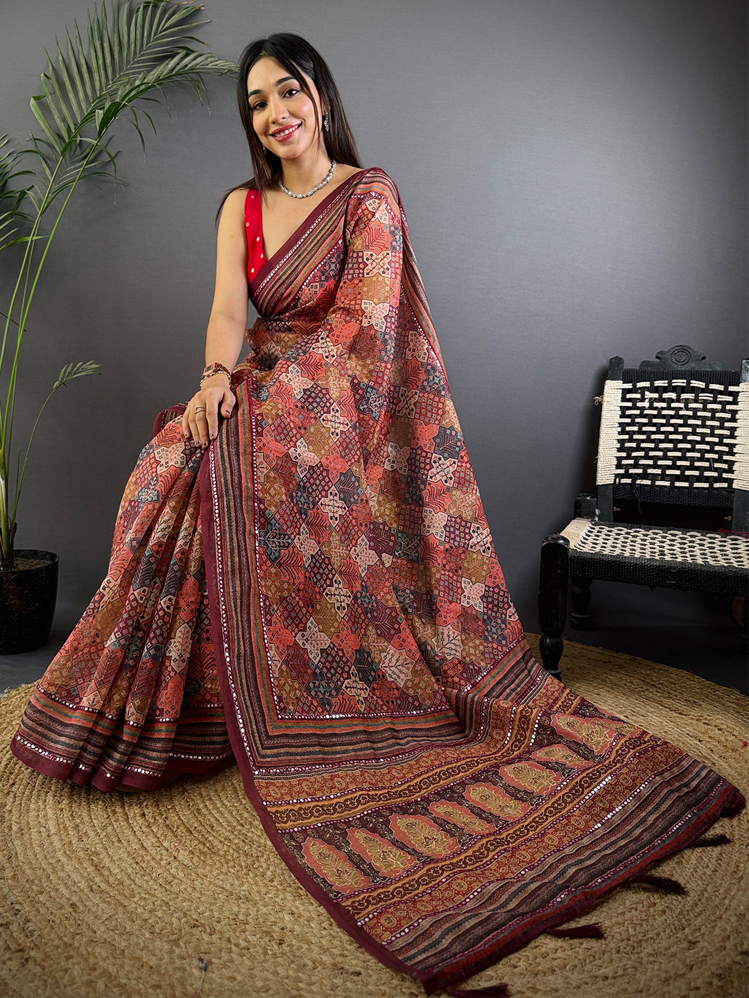 Rust Charm Mirror Work Silk Saree by My Store