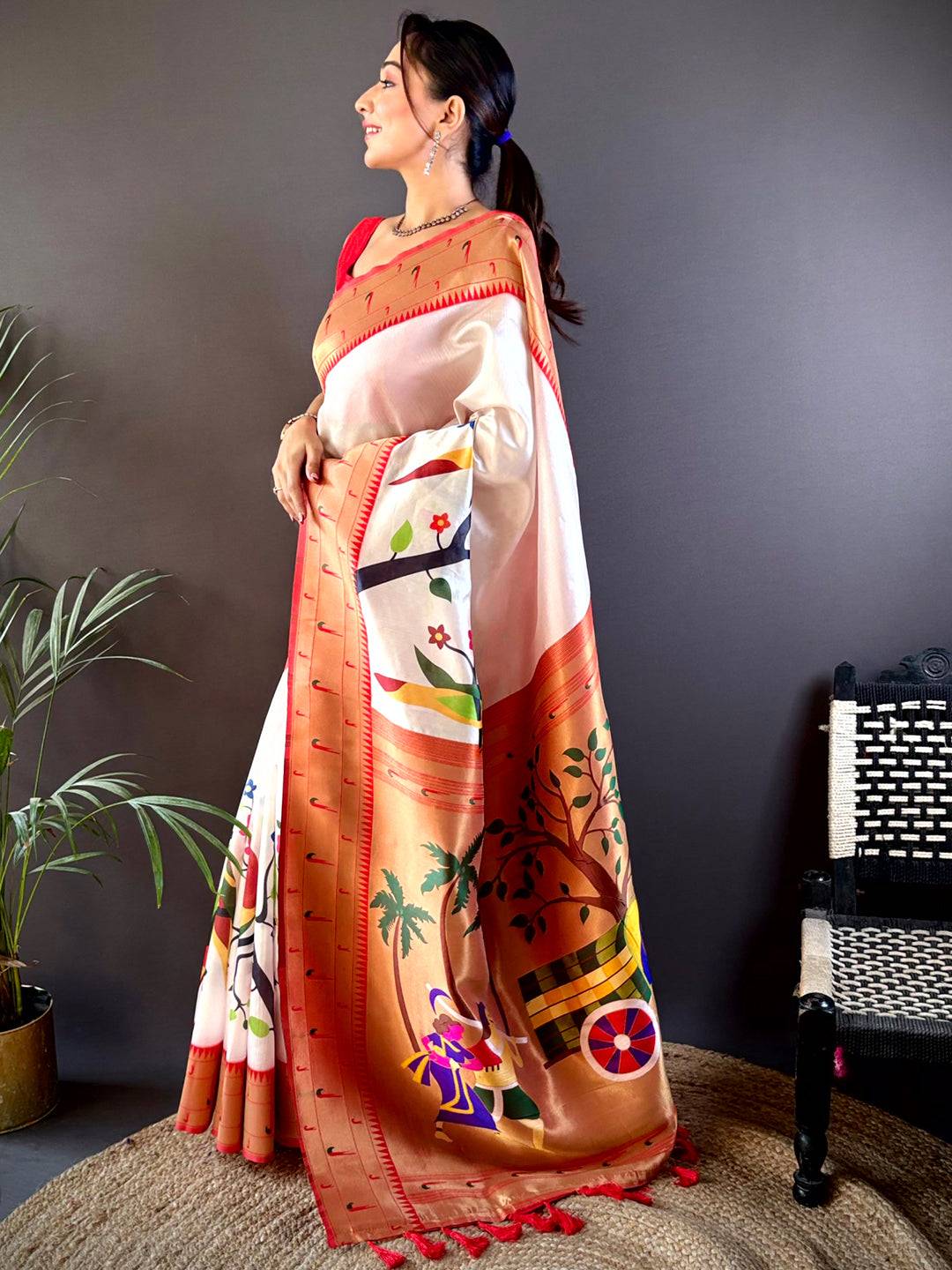 Daisy White Minakari Soft Silk Saree by My Store
