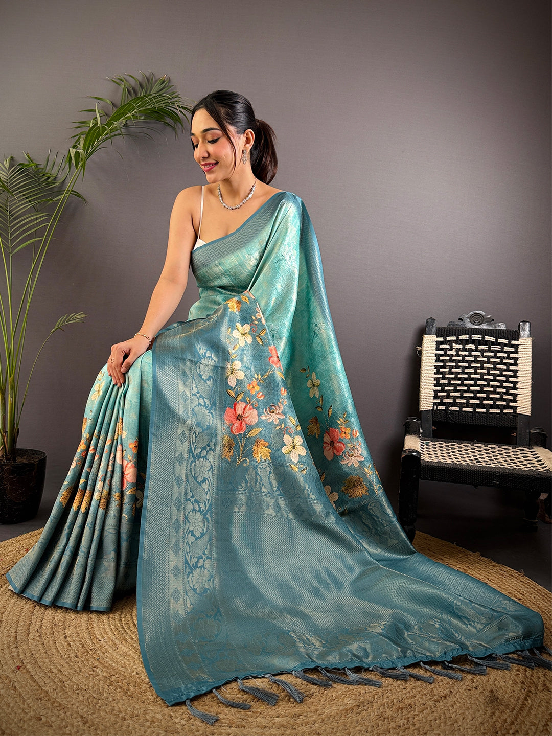 Denim Blue Kanjivaram Silk Digital Print Saree by My Store