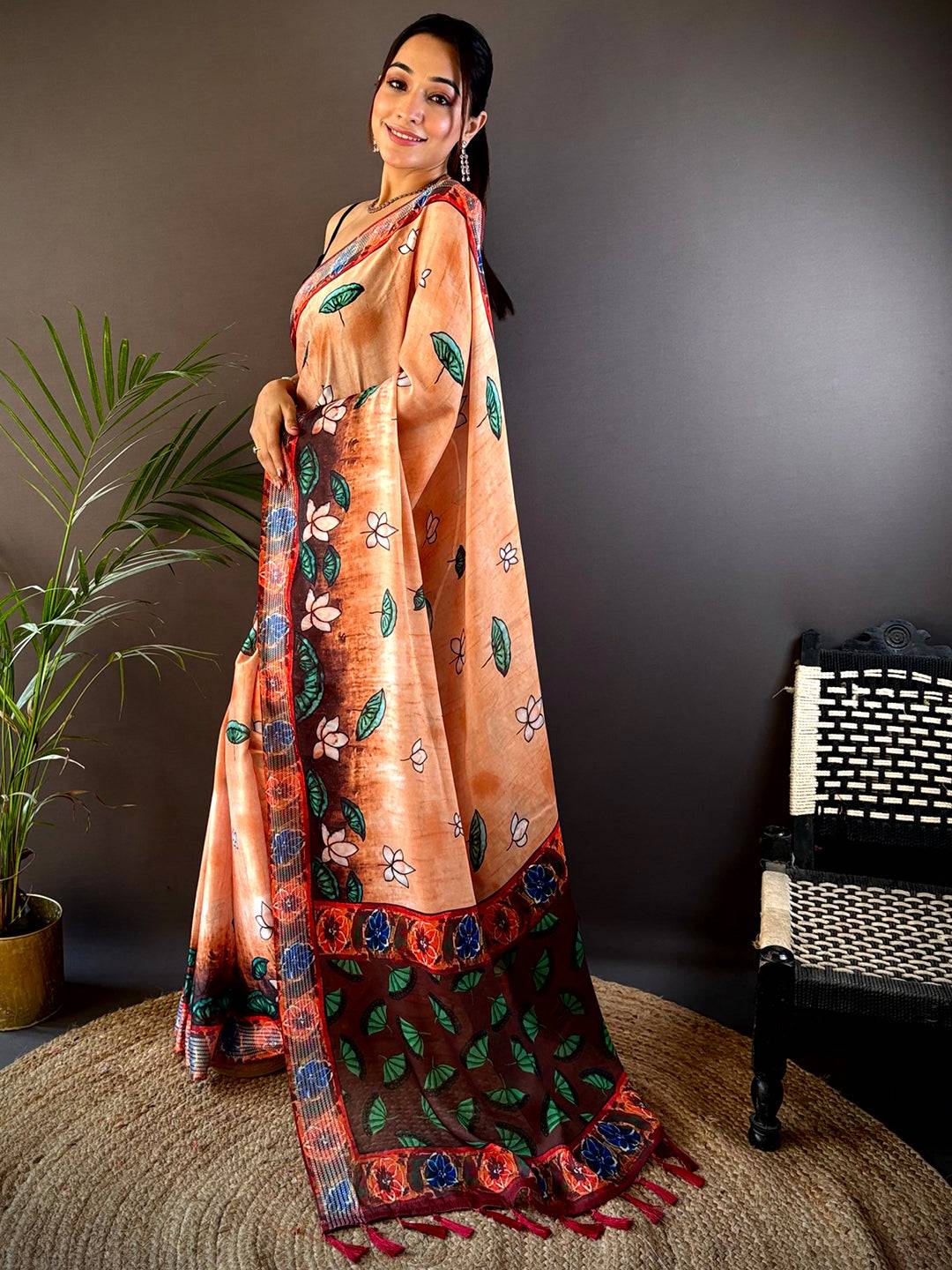 Orange Georgette Pichwai Print Saree by My Store