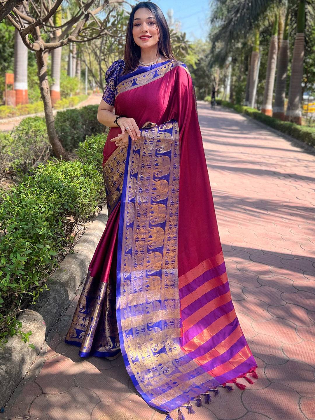 Aura Soft Silk Maroon Colour Saree With Self Weaving Broced Blouse
