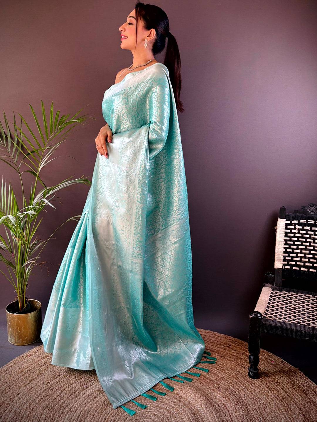Sky Blue Banarasi Kanjivaram Silk Saree by My Store